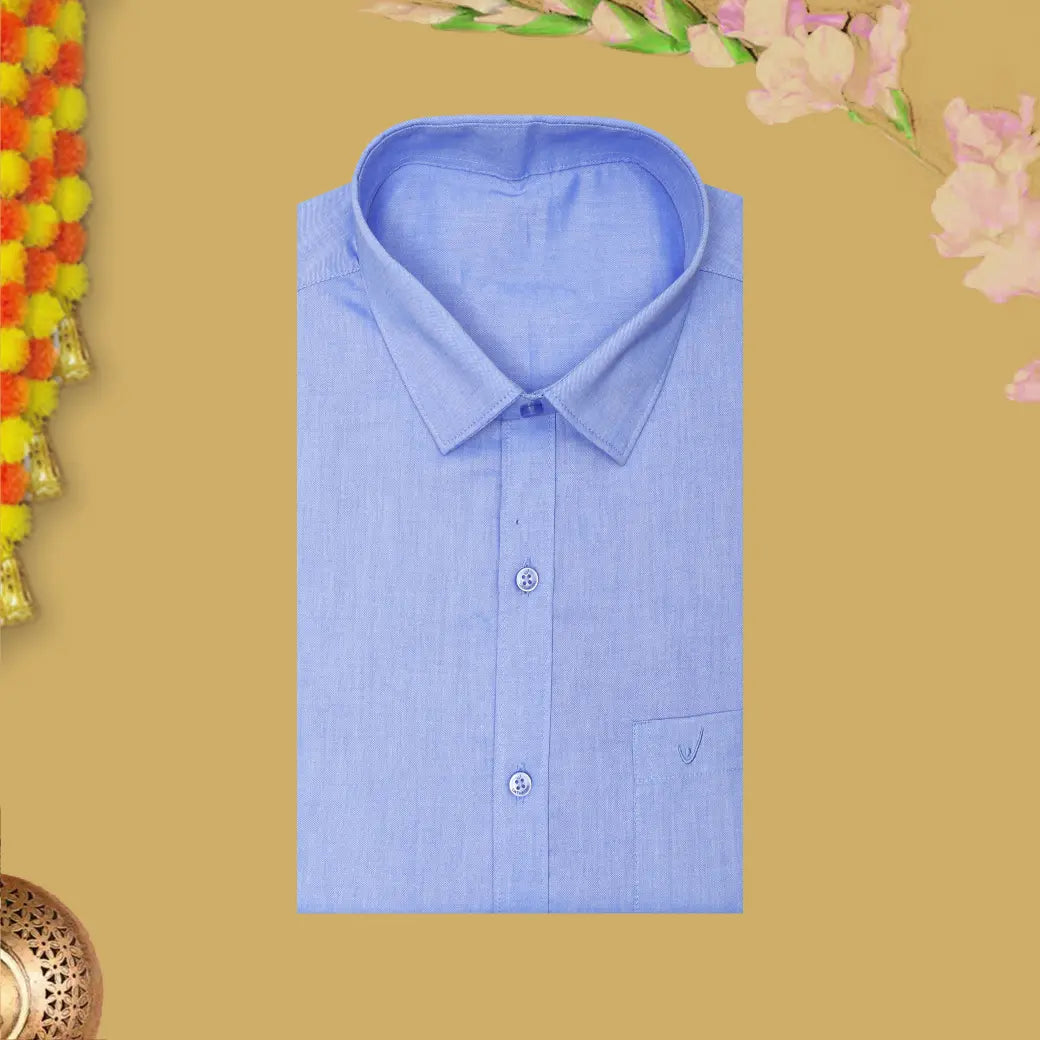 Blue With White Cotton Readymade Shirt and Double Matching Border Dhoti Set For Men