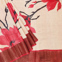 Pure Tussar Silk Saree Sandal and Red Shade With Floral Design and Painted Prints and Zari Woven Border