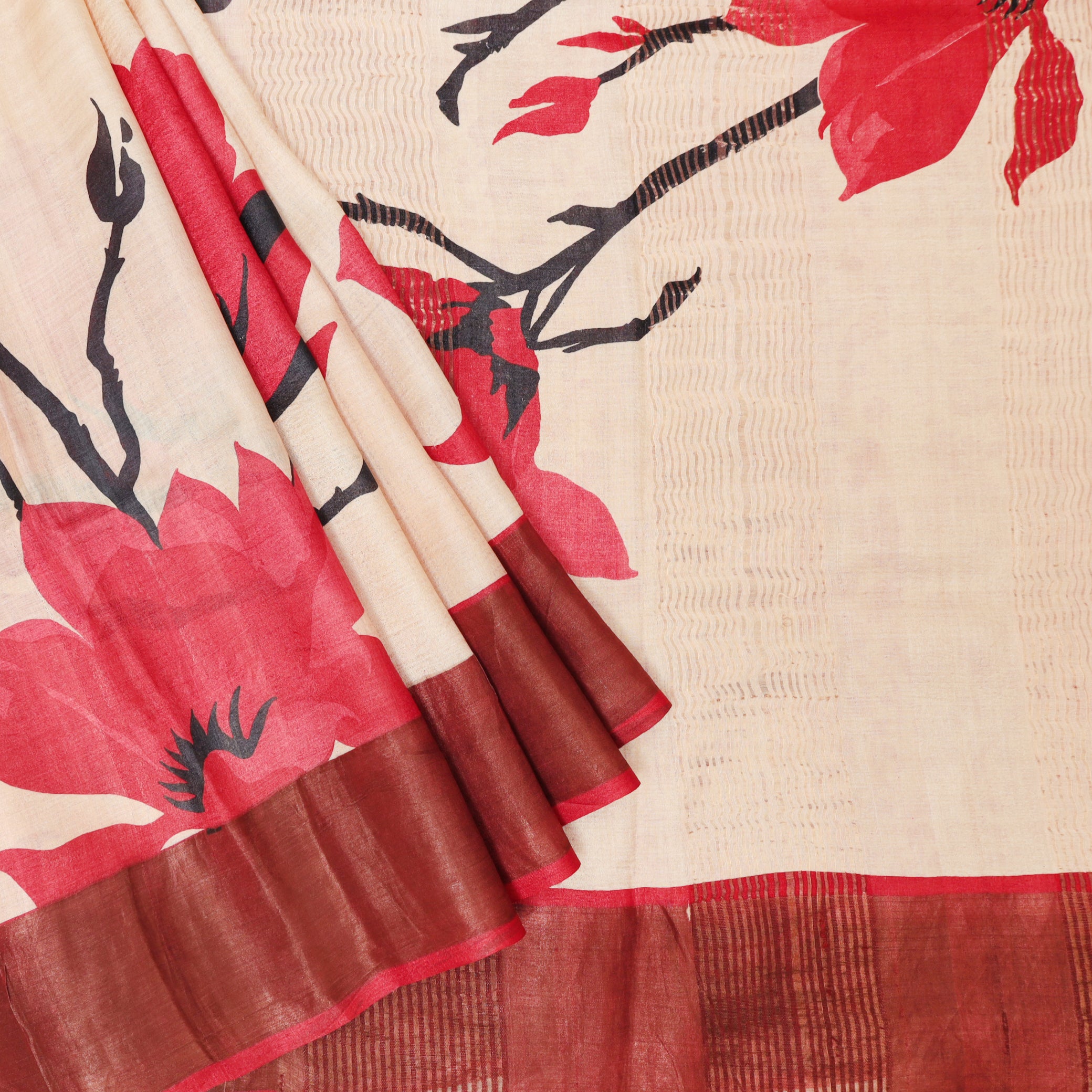 Pure Tussar Silk Saree Sandal and Red Shade With Floral Design and Painted Prints and Zari Woven Border