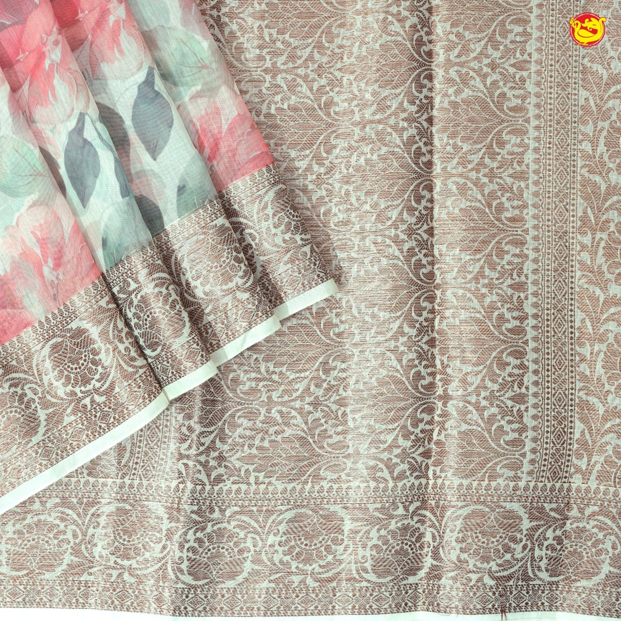 Unique Half White Chanderi Silk Saree with Floral Design and Copper Zari Border