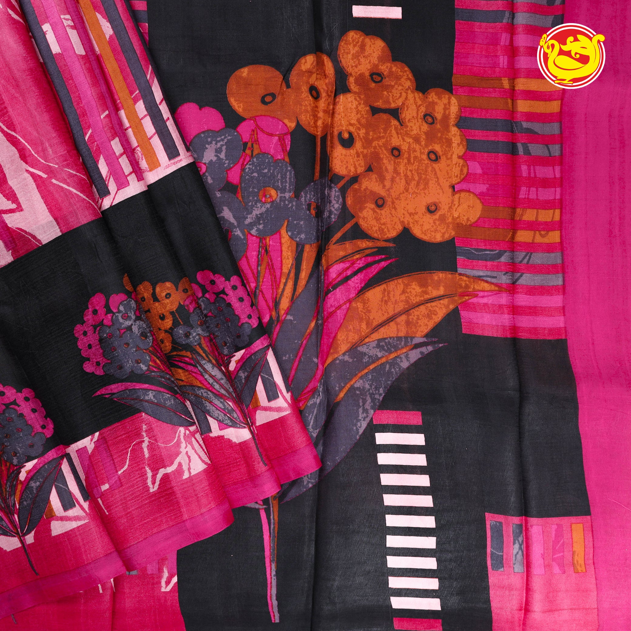 Pink with black printed silk saree