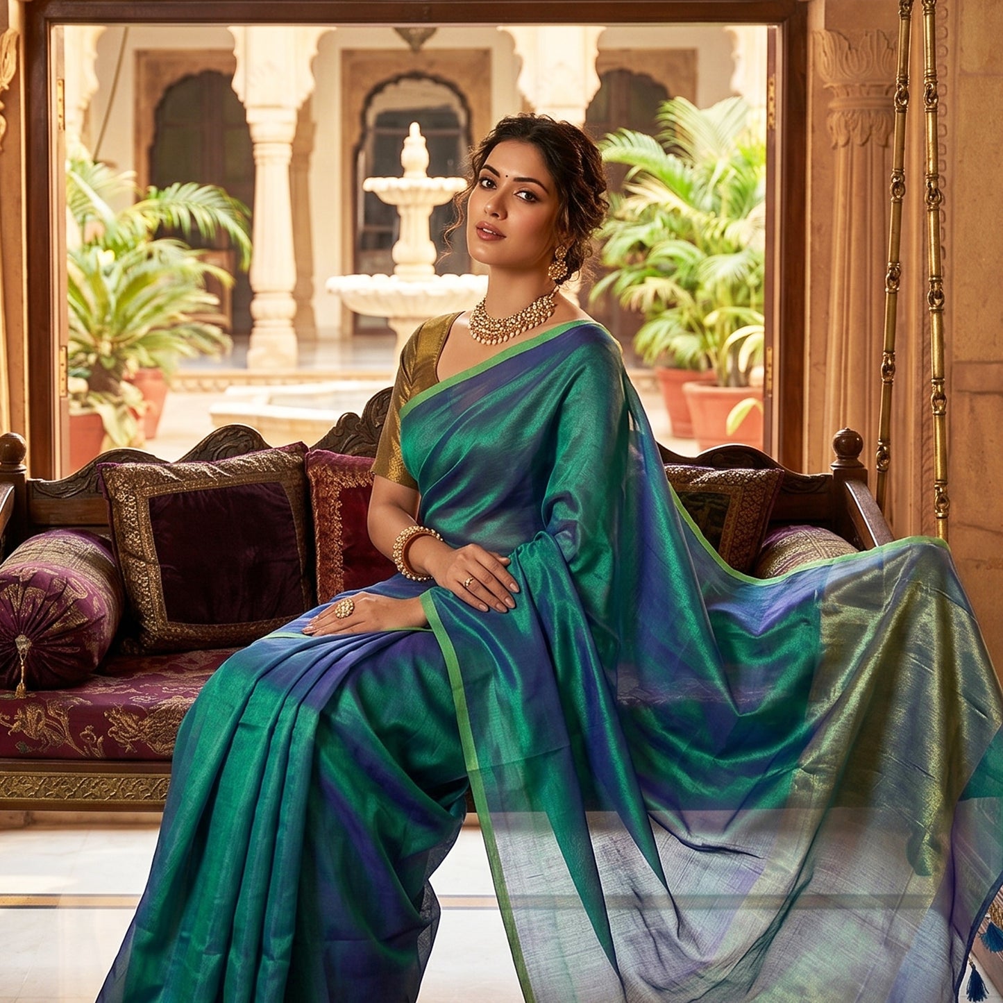 Green Colour   Khadi Tissue  Saree