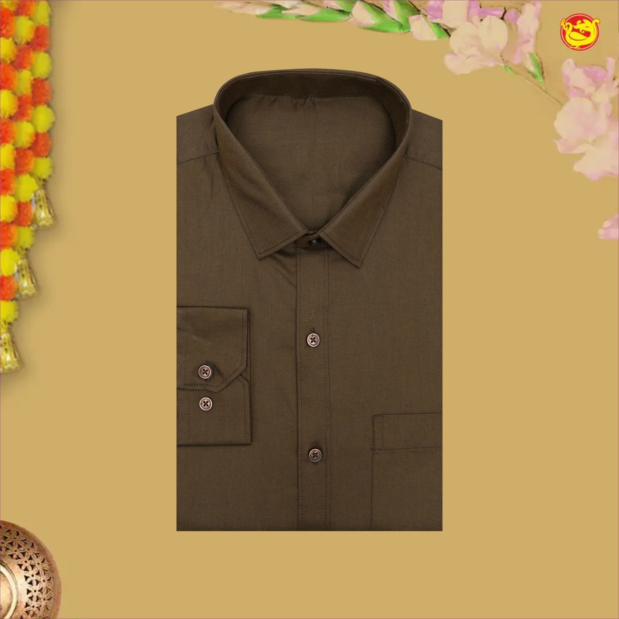 Brown With White Readymade Shirt And Matching Border Dhoti Set for Men