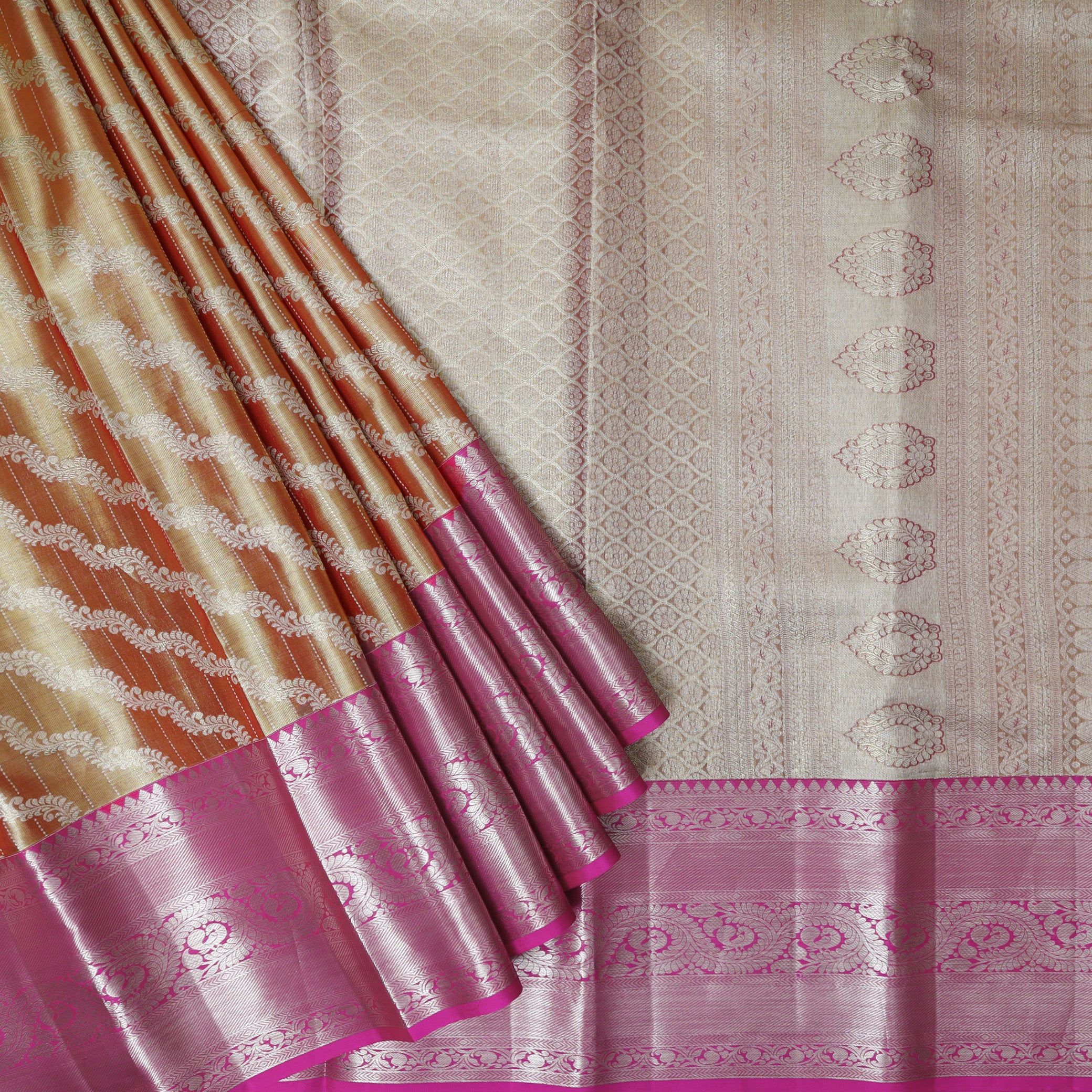 Gold With Pink Golden Zari Border Wedding Silk Saree