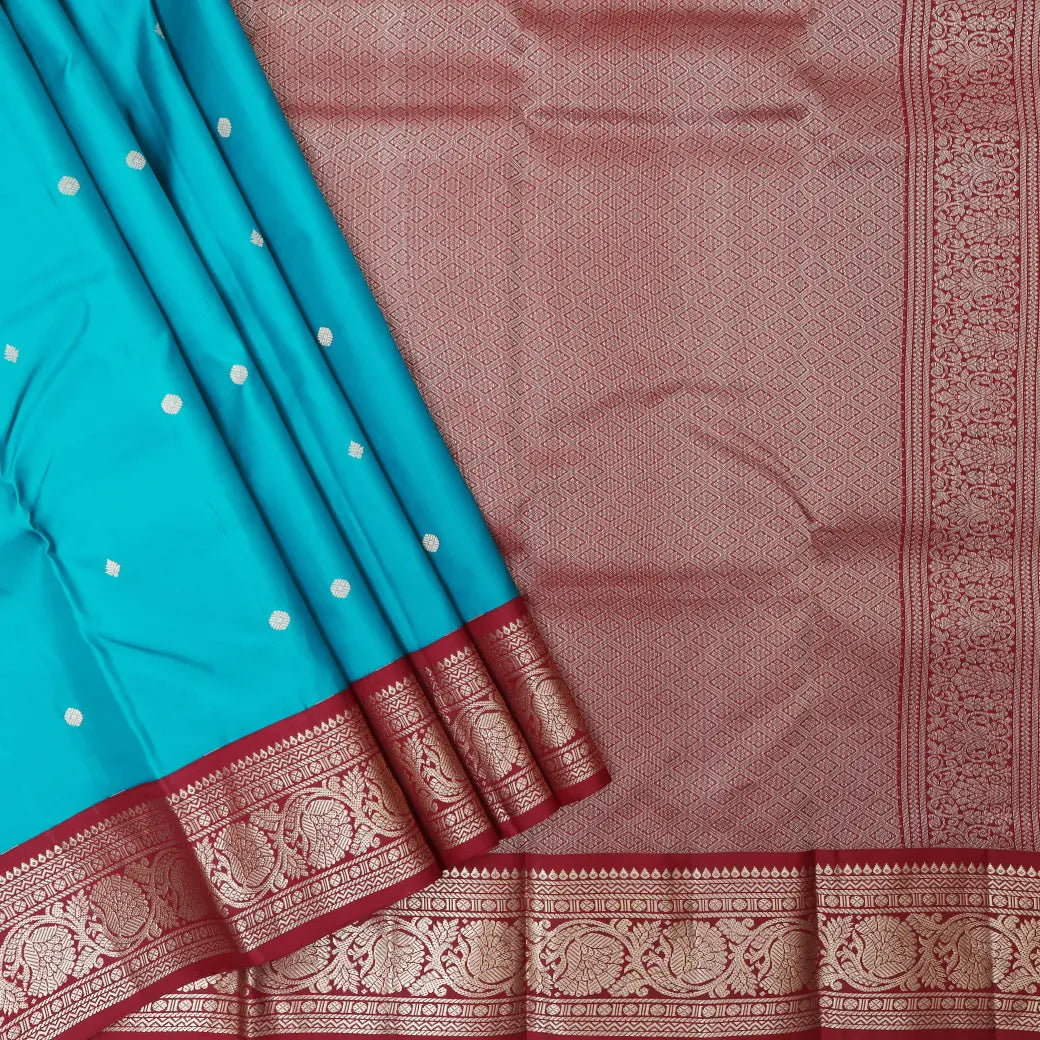 Teal green with Maroon Soft Silk Saree