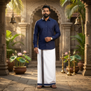 Navy Blue With White Dhoti Readymade Shirt And Matching Border Dhoti Set for Men