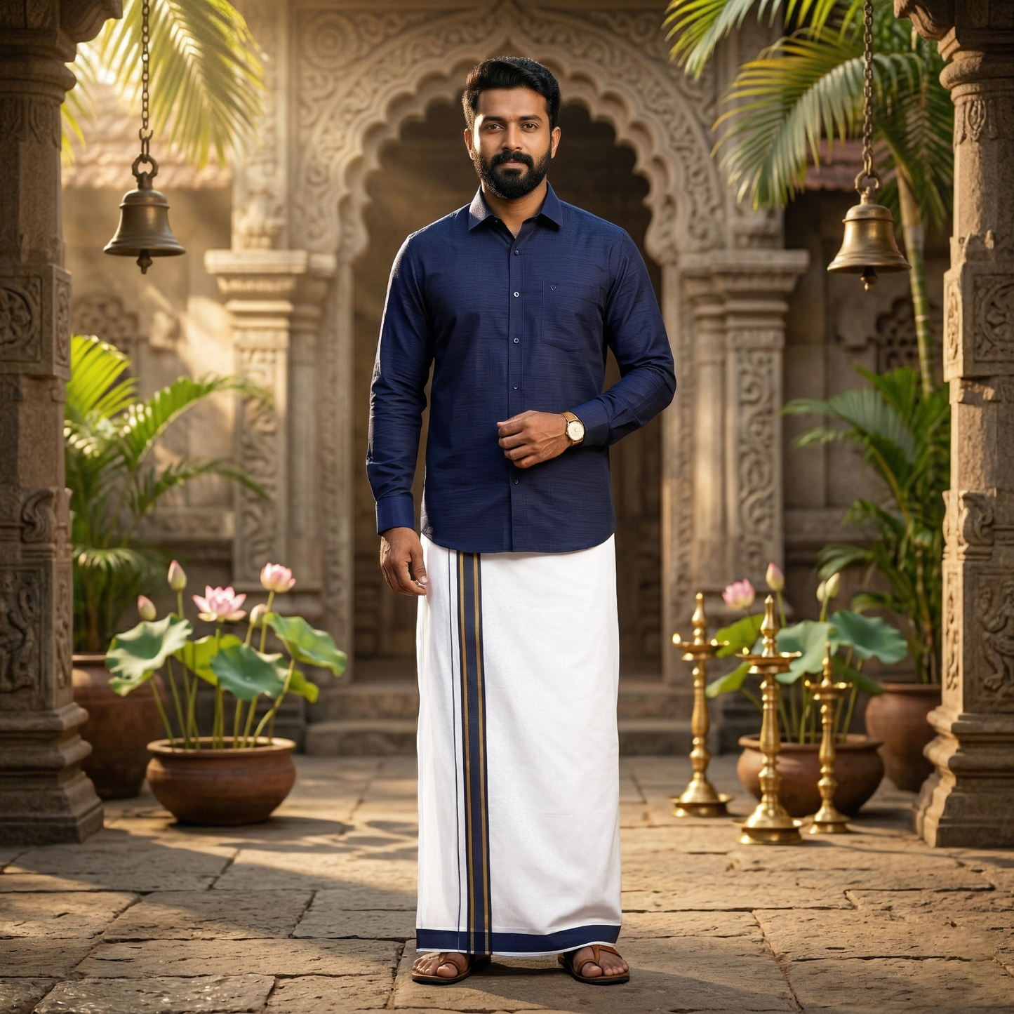Navy Blue With White Dhoti Readymade Shirt And Matching Border Dhoti Set for Men