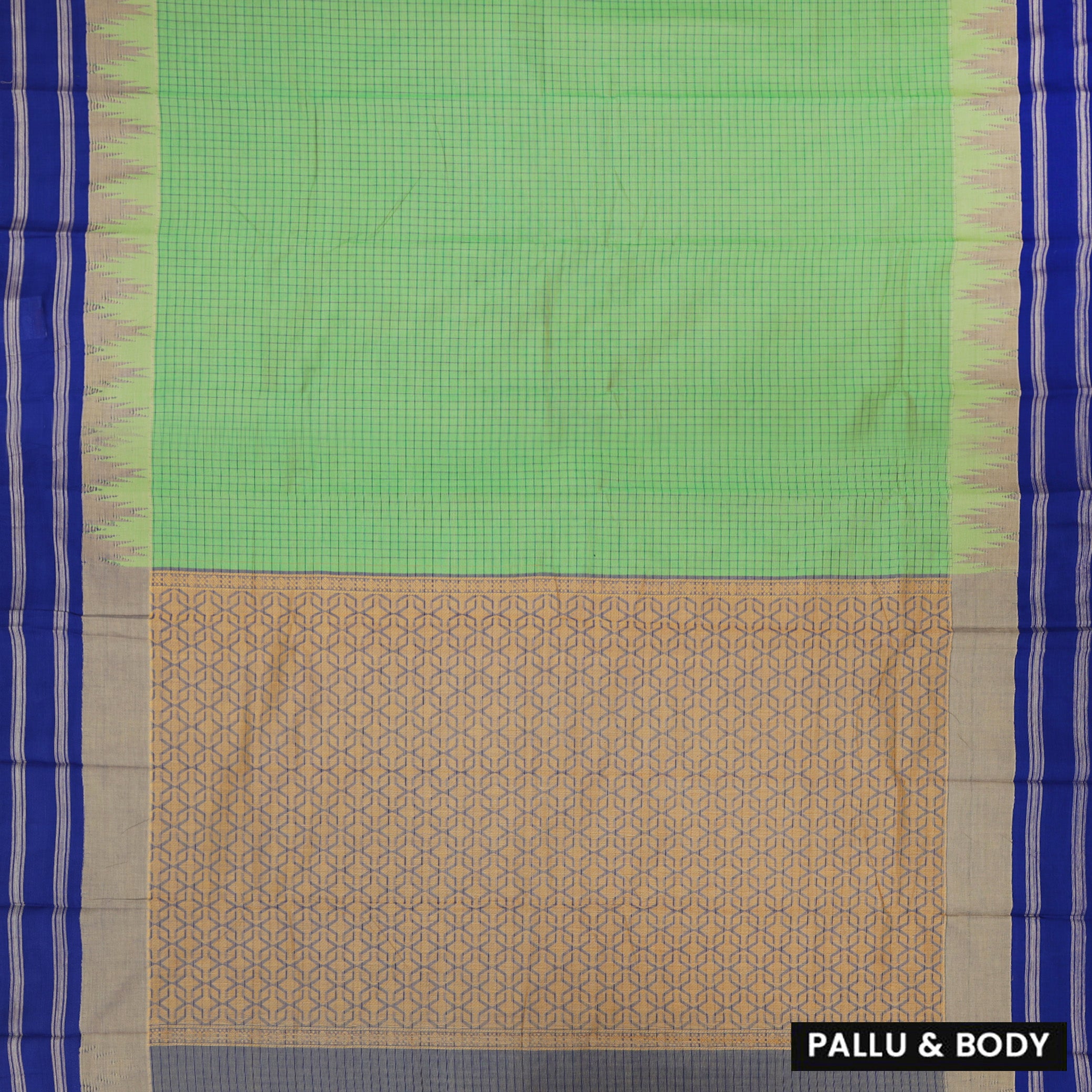 Bright Green With Blue Small Checked Pattern Pure  Cotton Saree without Blous