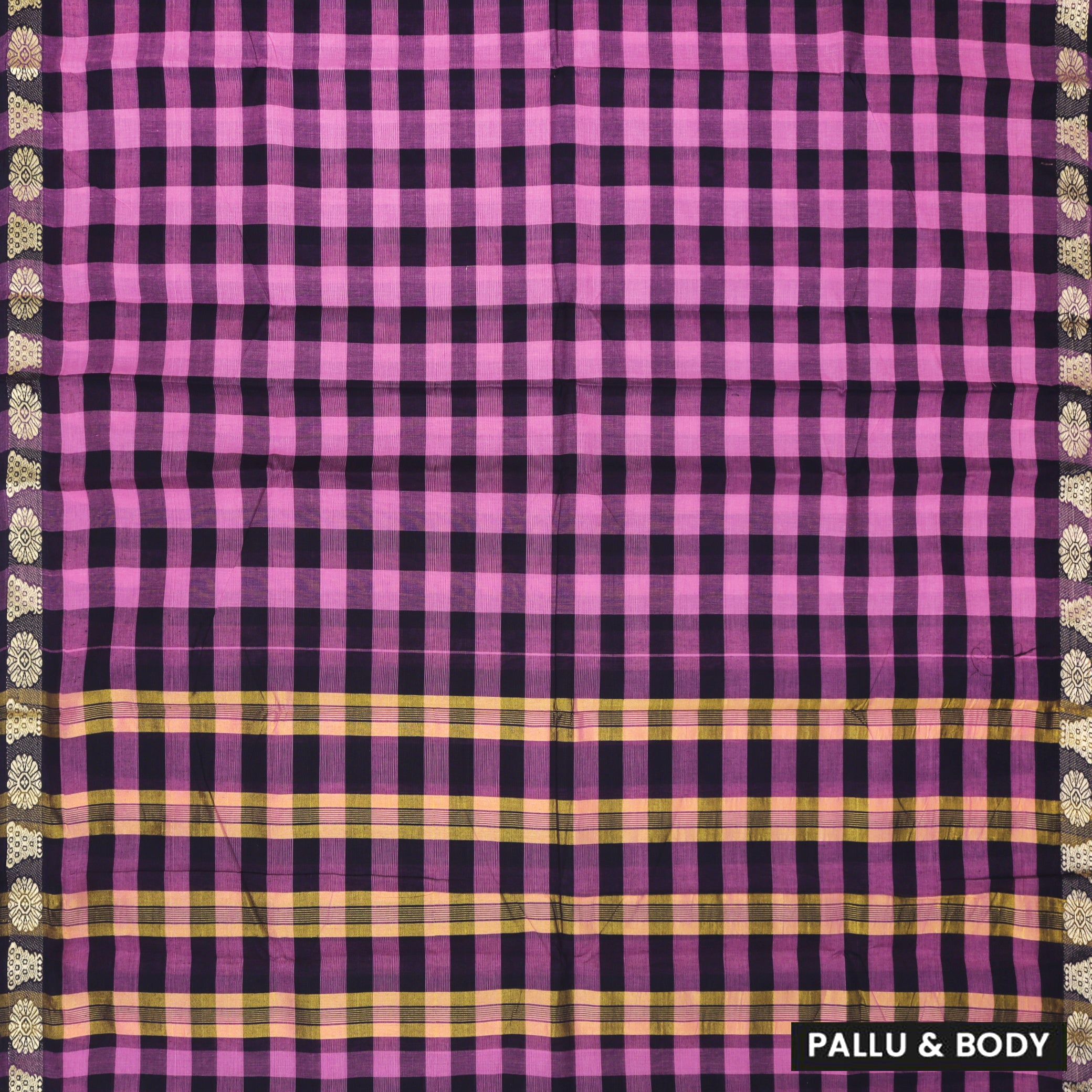 Pink-Block Small Checked Pattern Pure Chettinad Cotton Saree without Blouse