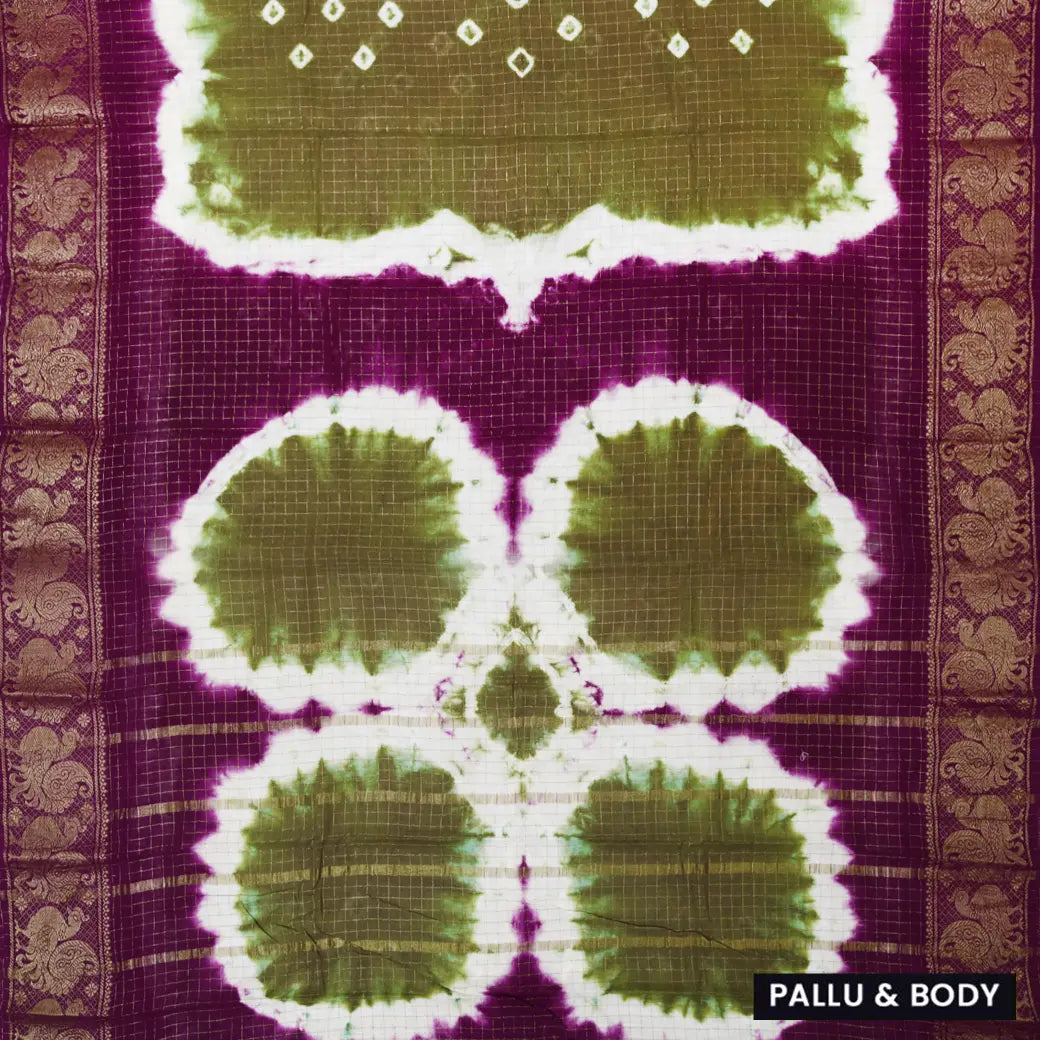 Olive Green With dark purple Sungudi Cotton Saree without Blouse