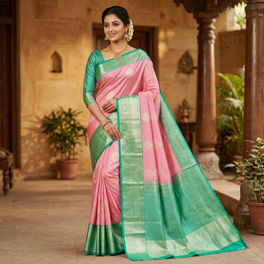 Baby Pink with Light Green Vairasoosi Soft Silk Saree