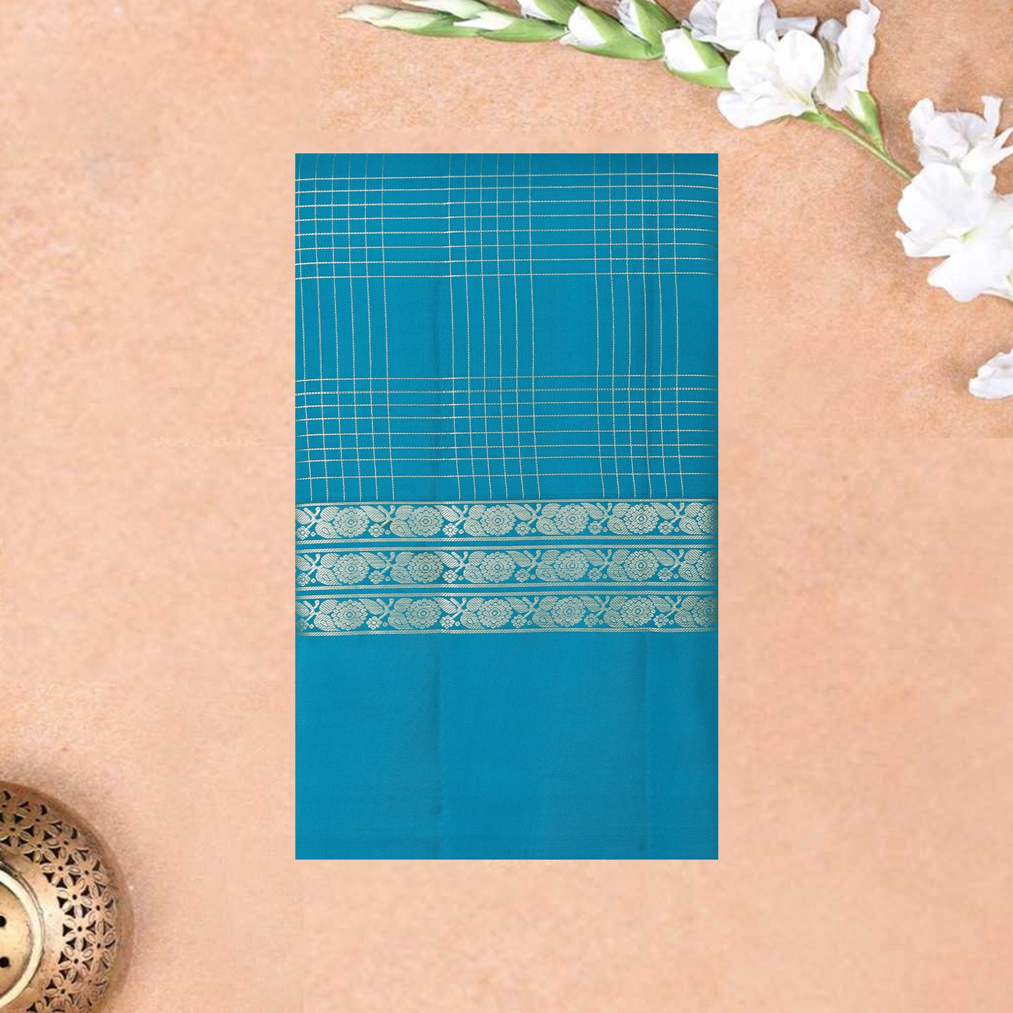 Turquoise Blue Gold Zari Yuvana Semi Soft Silk Saree