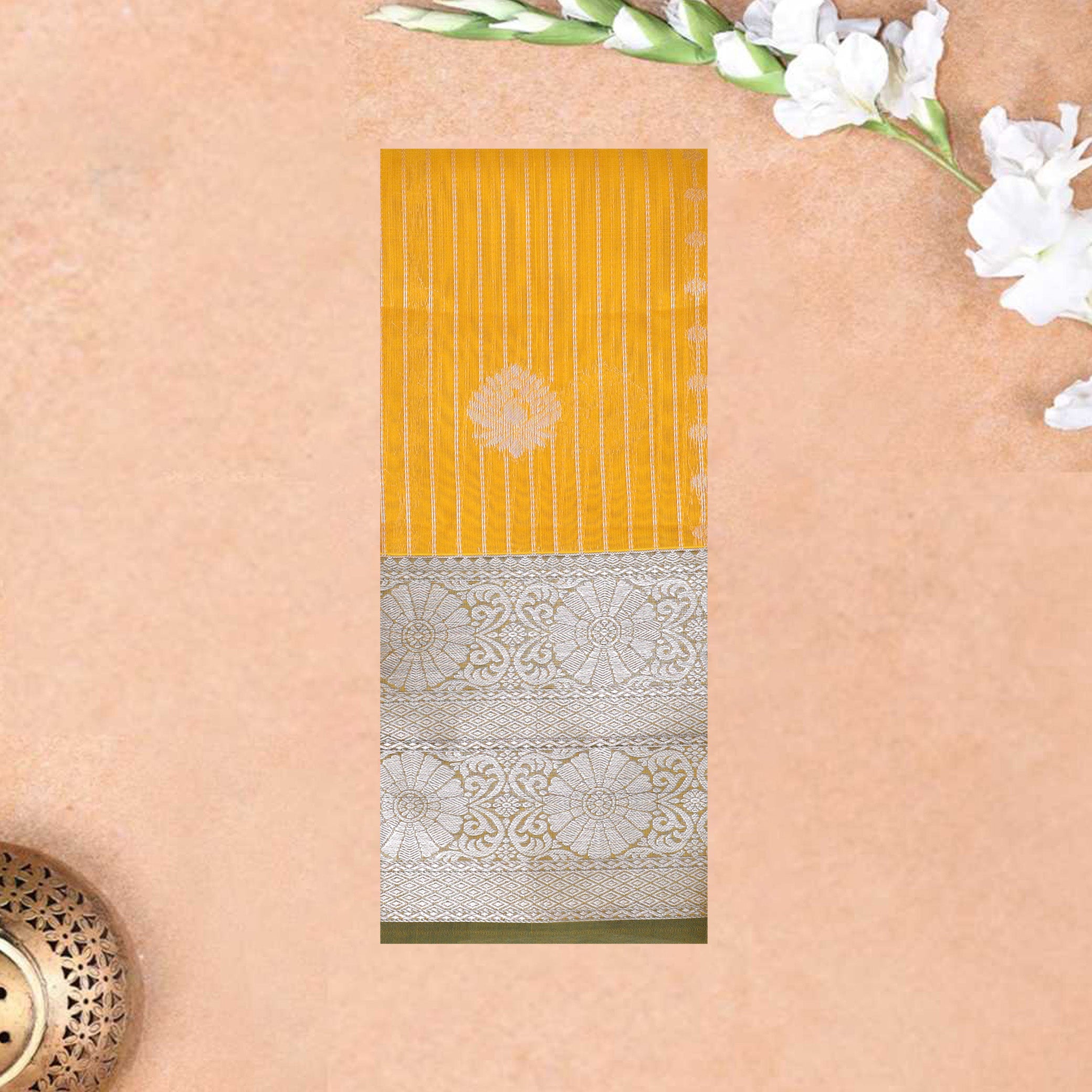 Dark Yellow With Forest Green Silk Cotton Saree