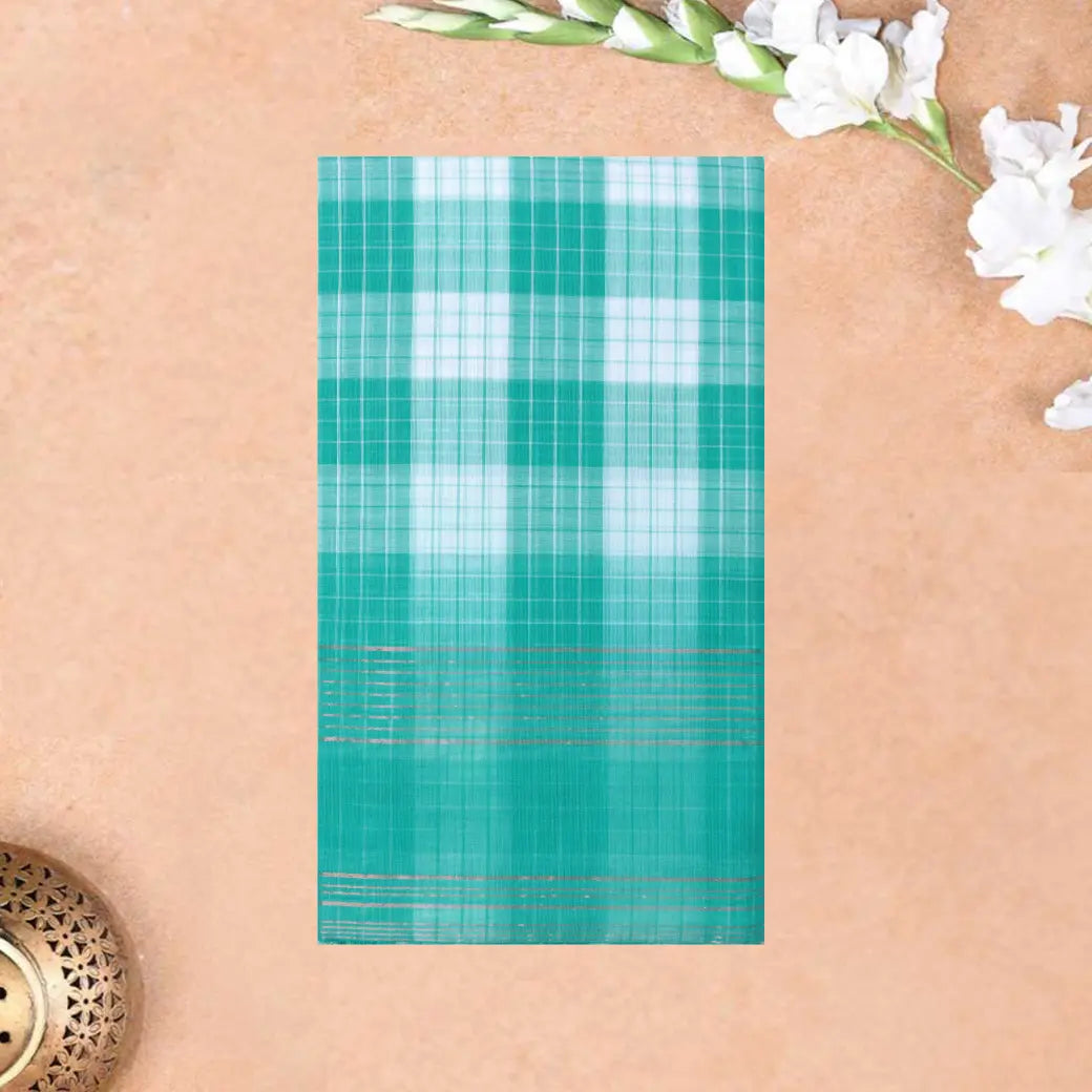 Green with white Checked Gold Zari Border Venkatagiri Pure Cotton without Blouse