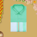Pista Green With White Readymade Shirt And Matching Border Dhoti Set for Men