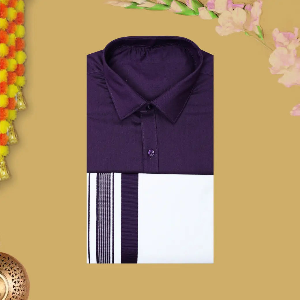 Purple With White Cotton Readymade Shirt and Double Matching Border Dhoti Set For Men