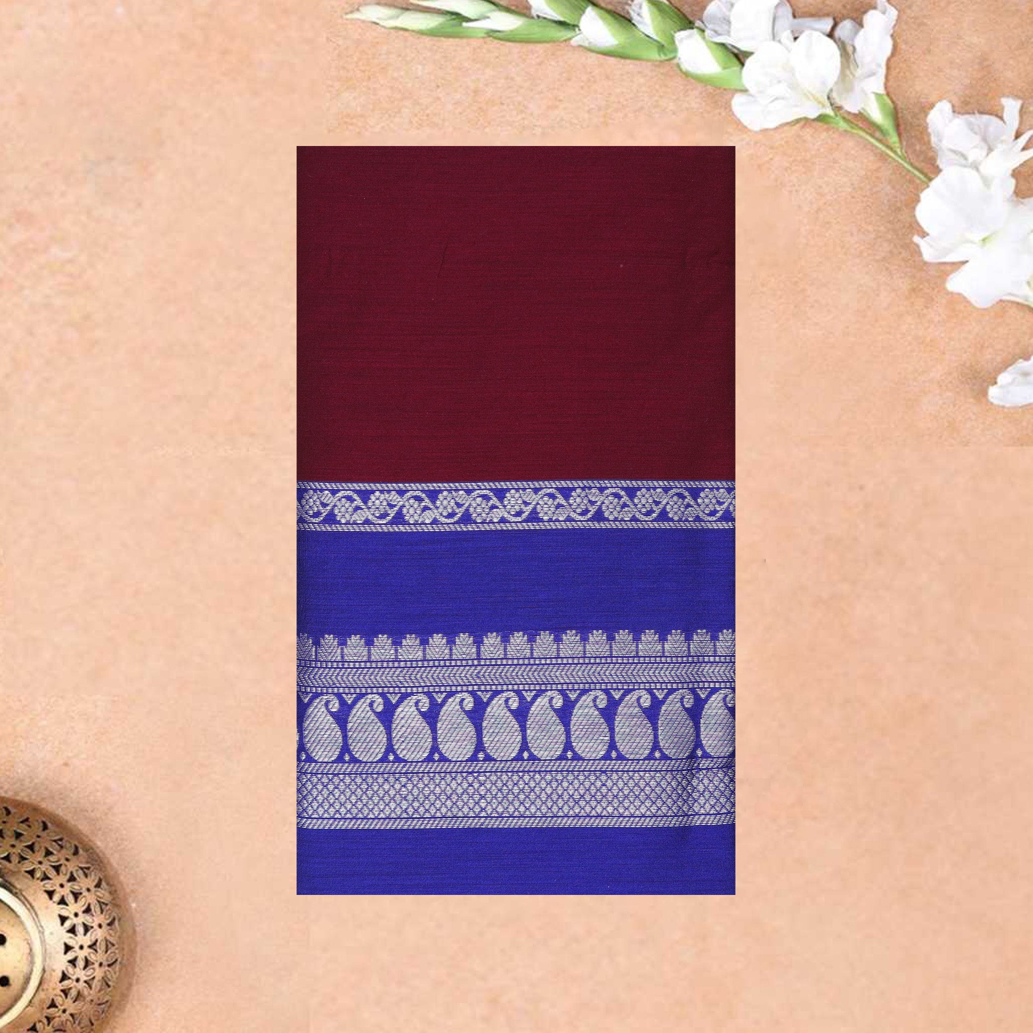 Maroon for the body and Blue Premium Quality Kalyani Cotton Saree