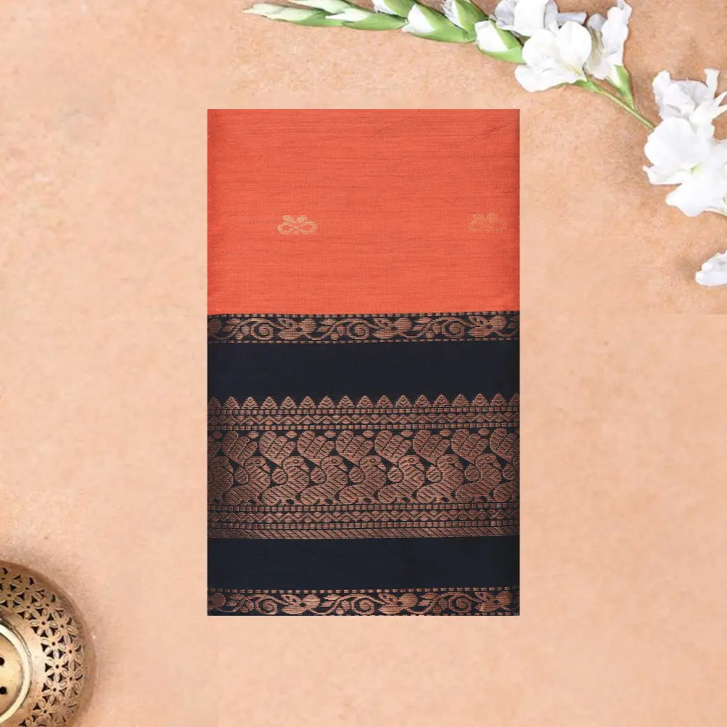 Orange With Black  Premium Quality Kalyani Cotton Saree