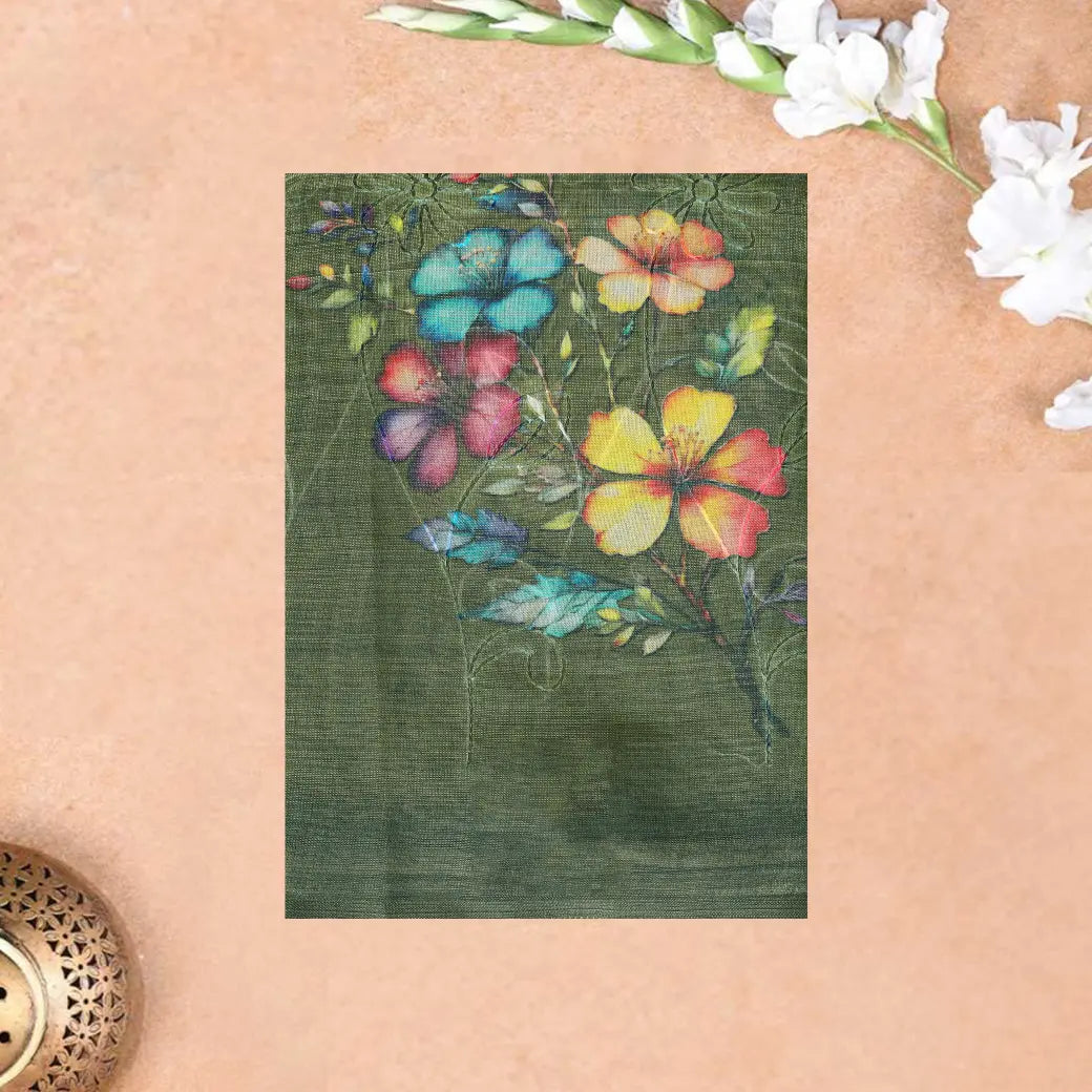 Dark Green with Floral Design Trendy Tissue Fancy Saree