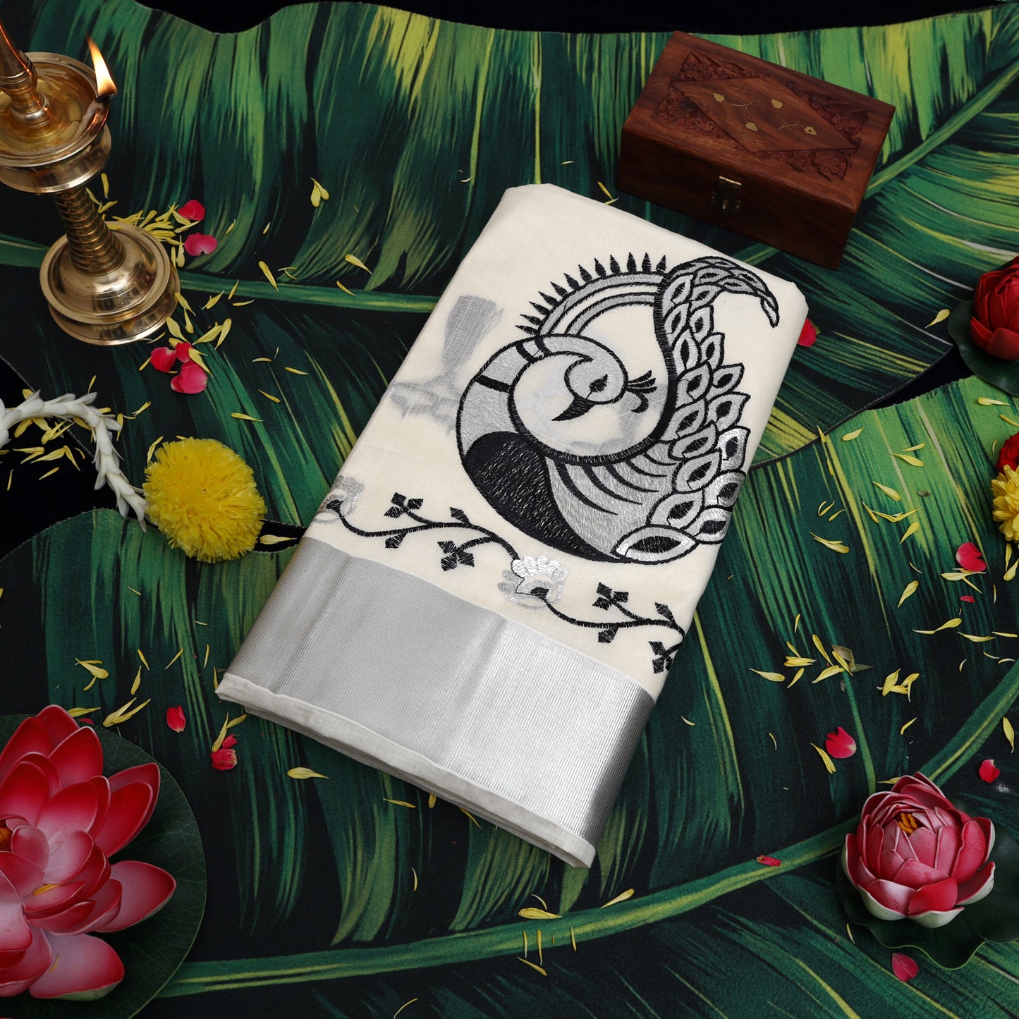 Off White With Silver Zeri Peacock Design traditional kerala onam saree