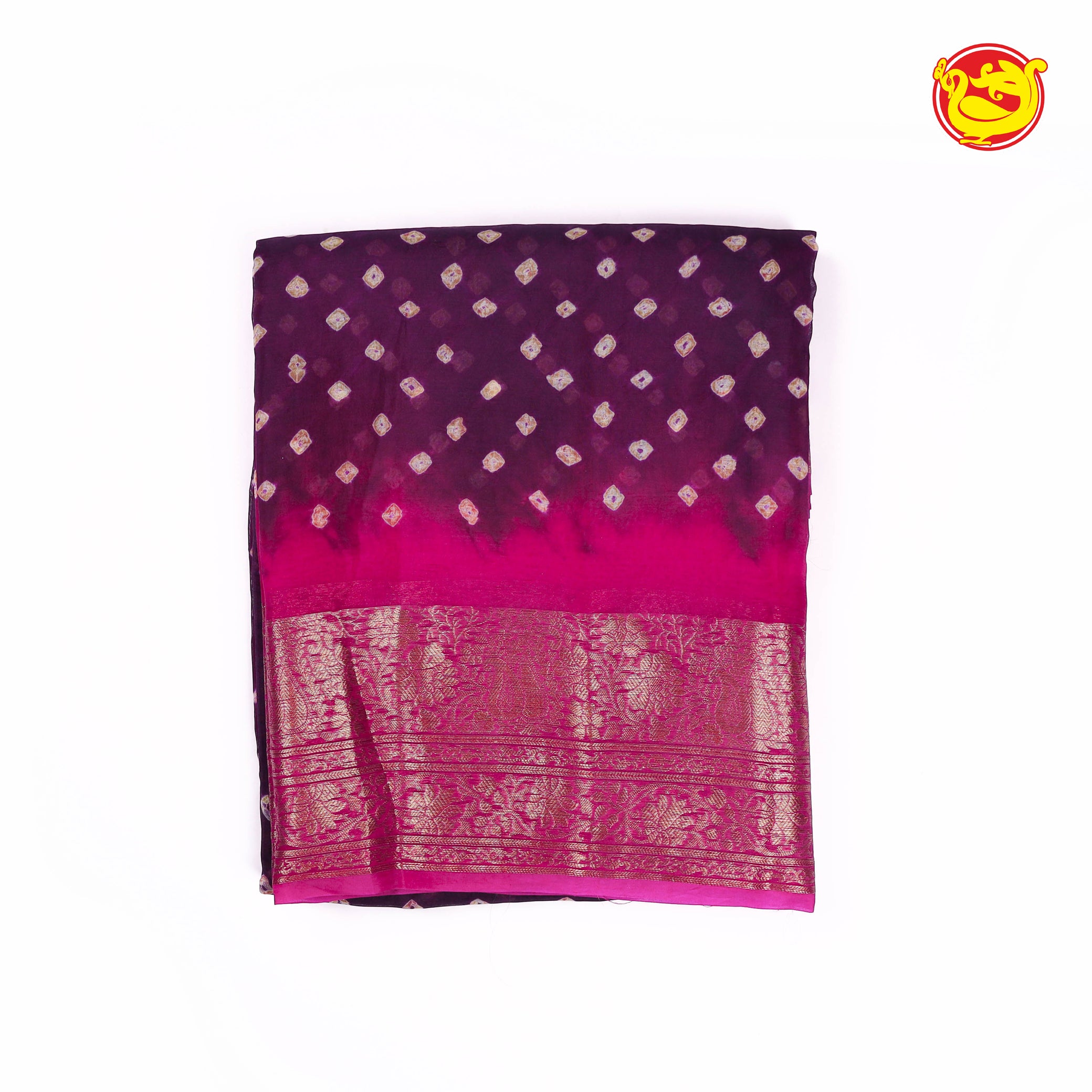 Purple with Rani pink Organza saree with hand dyed bhandhani prints