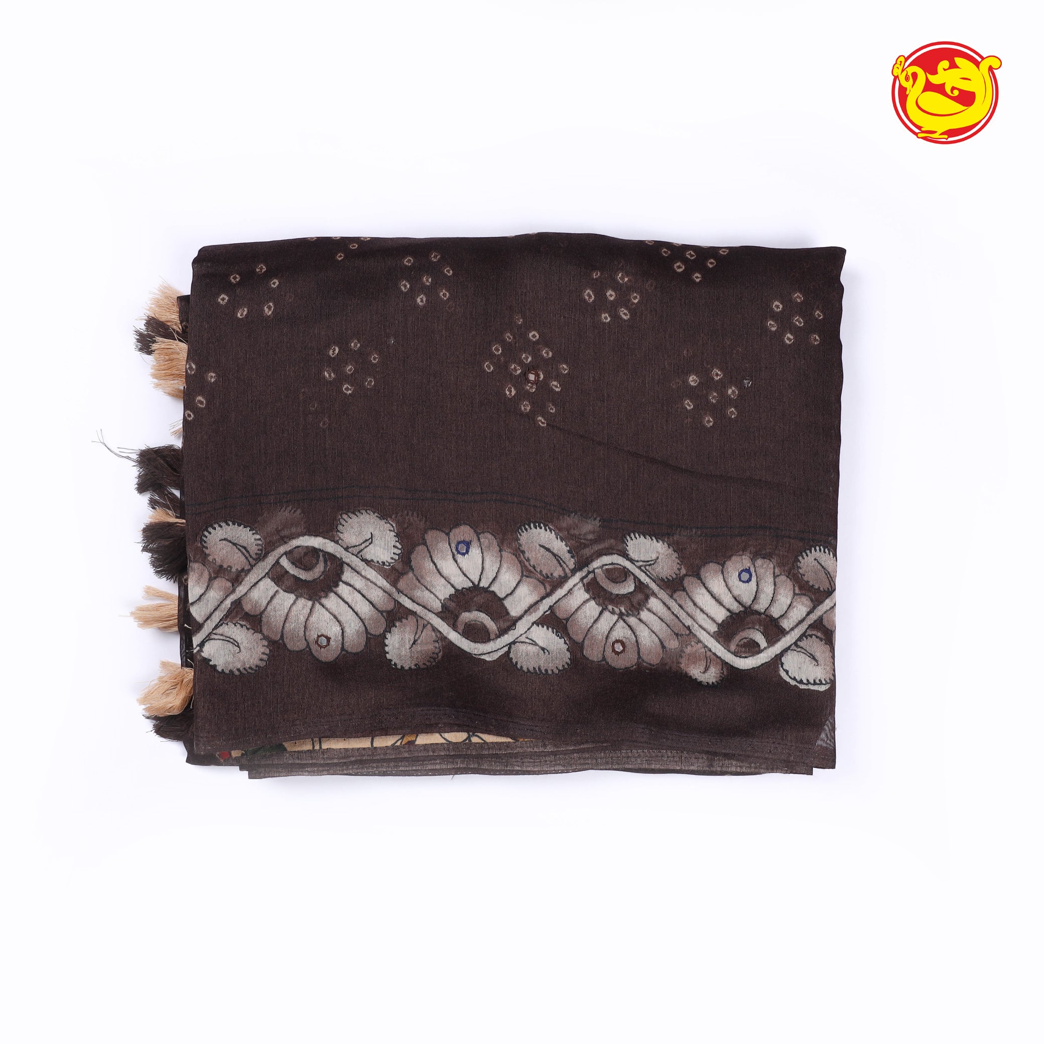 Dark chocolate brown semi linen saree with mirror work