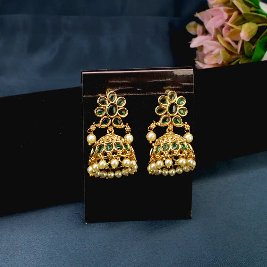 JHUMKA POLKI  EARRINGS with  GREEN  stone and pearl hangings
