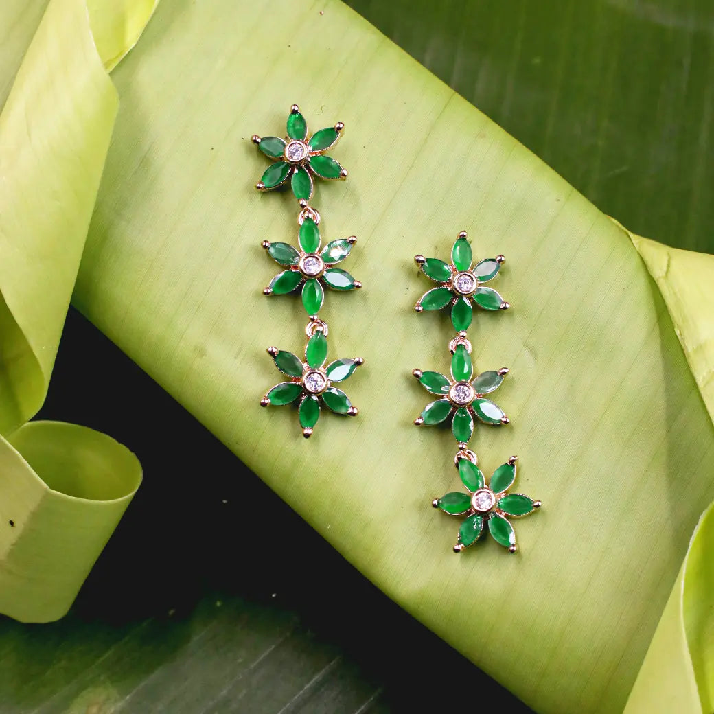 Hanging floral studs with Green stone