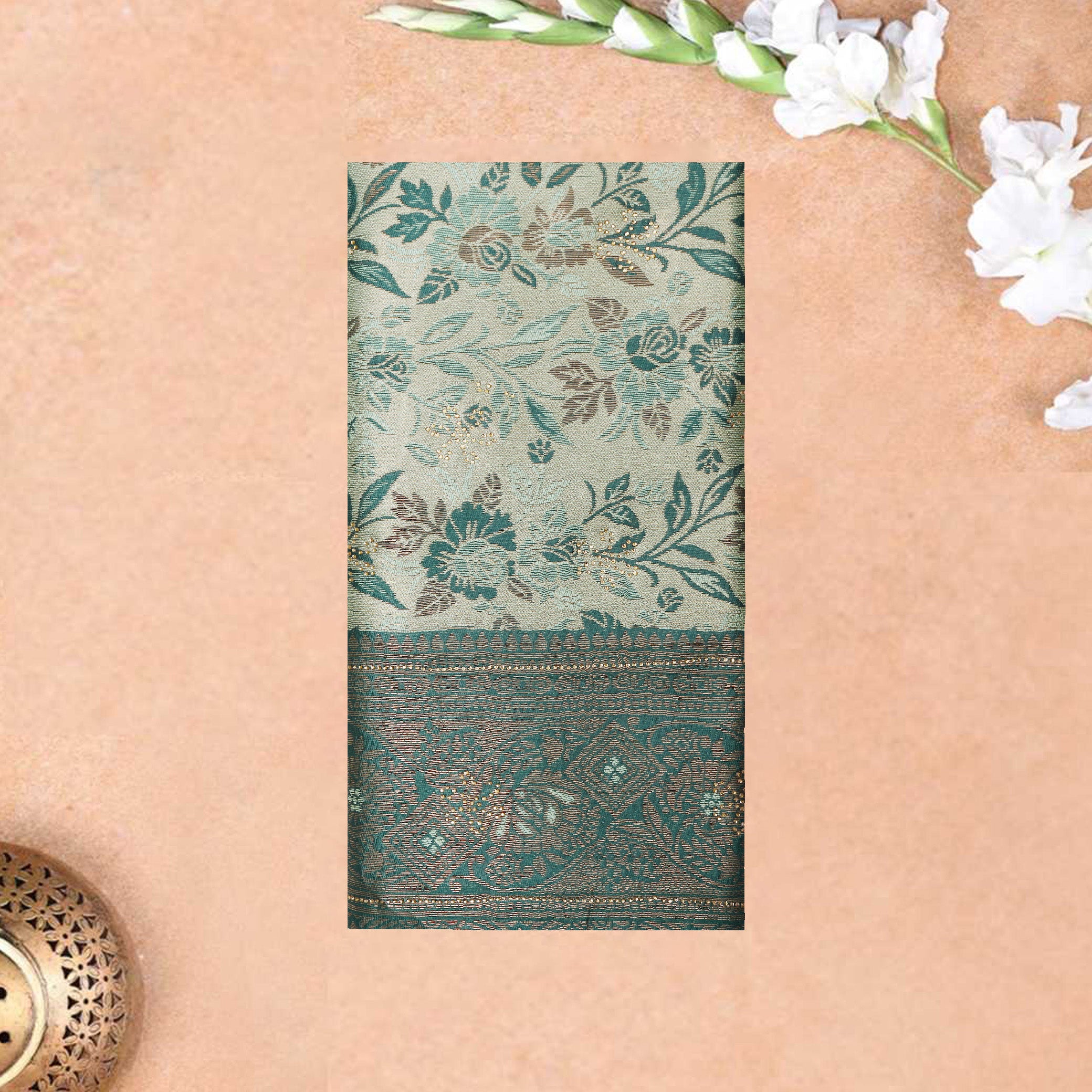 Dark Sea Green with Green Semi Litchi Silk Saree
