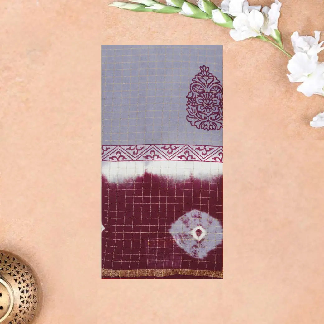 Grey With Maroon Sungudi Cotton Saree without Blouse