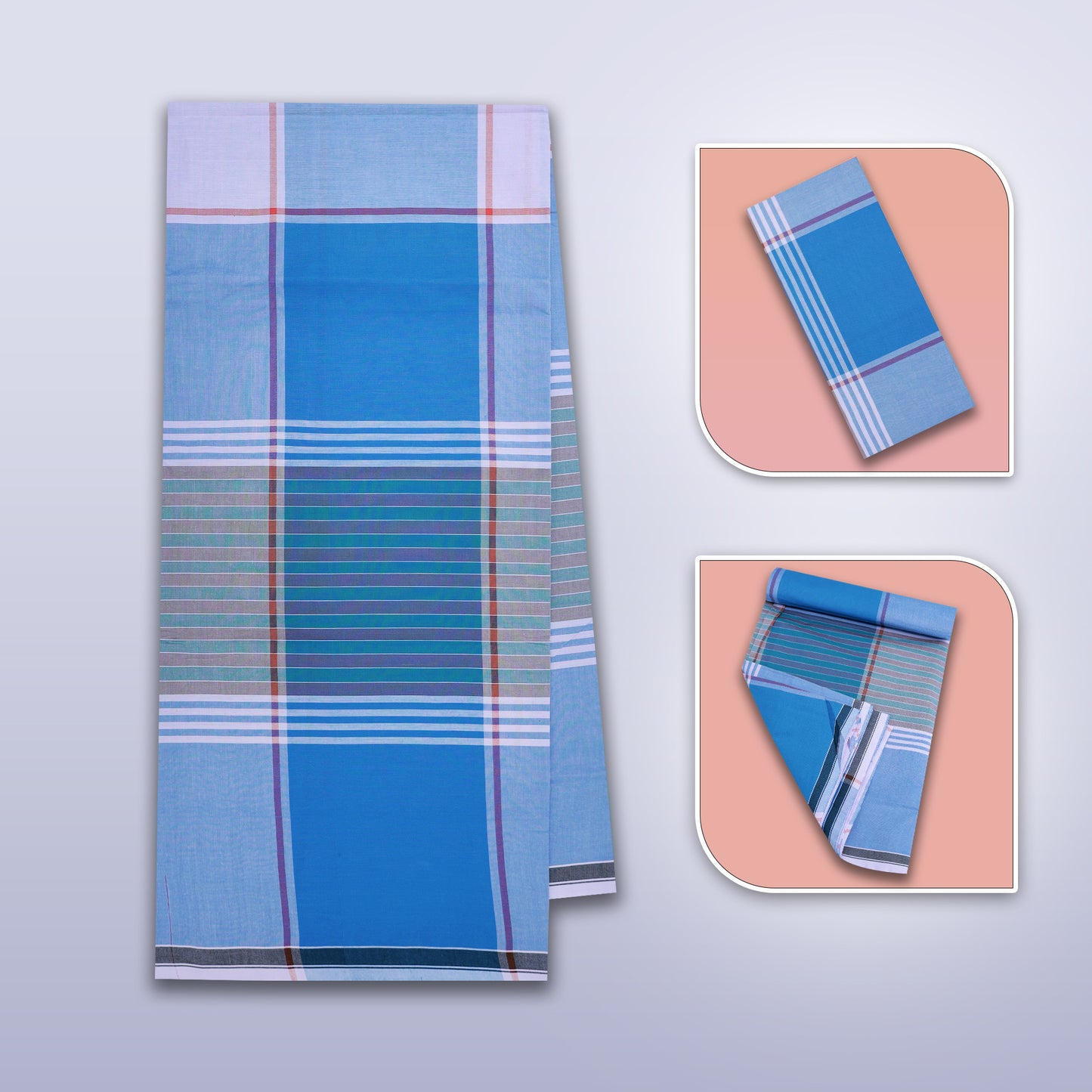 Men’s Sky BlueWith Light Blue Stripe Design Cotton Stitched Lungi
