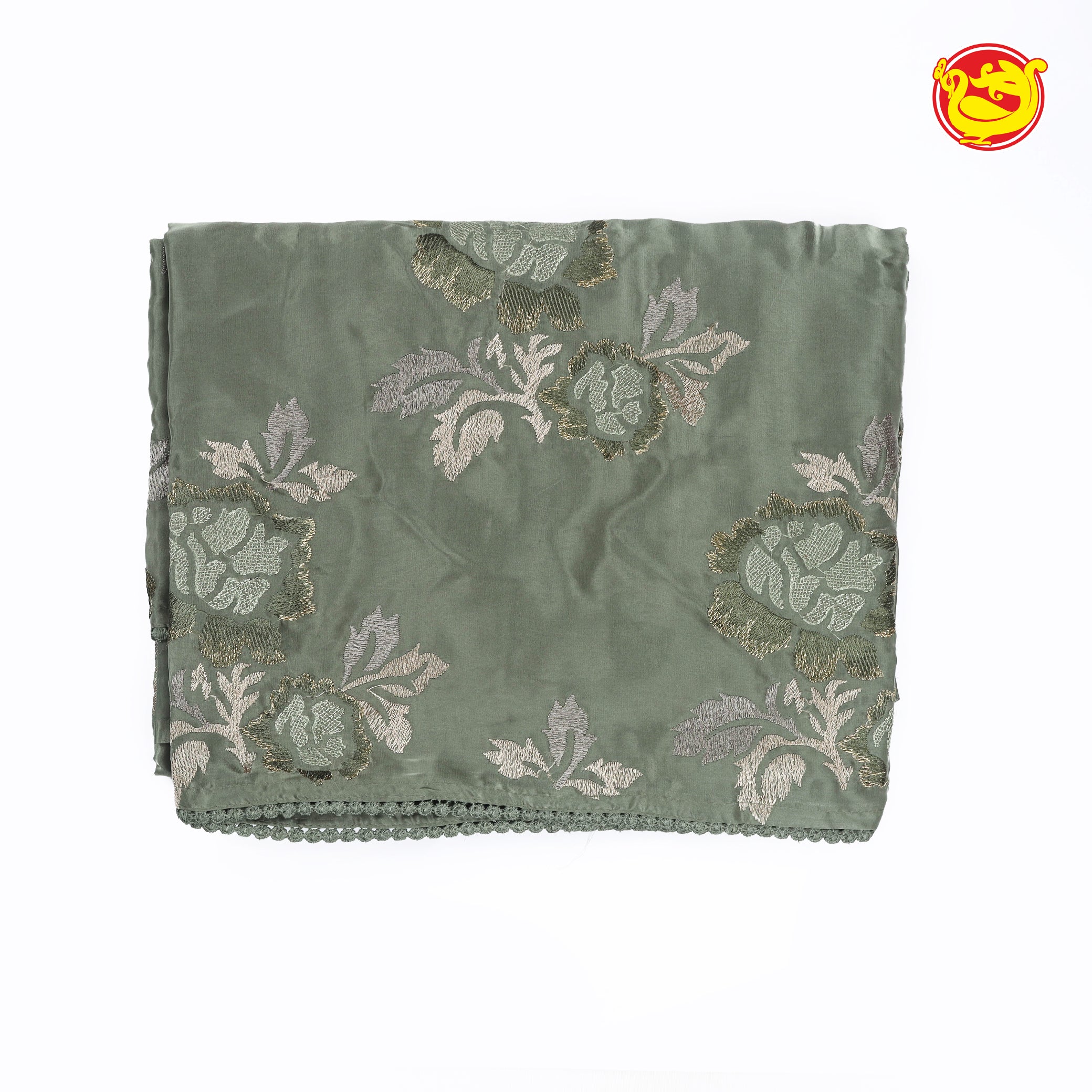 Olive green satin organza saree with embroidery