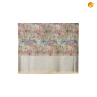 Beige With Silver Border Tissue Checks With Floral Digital Prints saree - Thenianantham