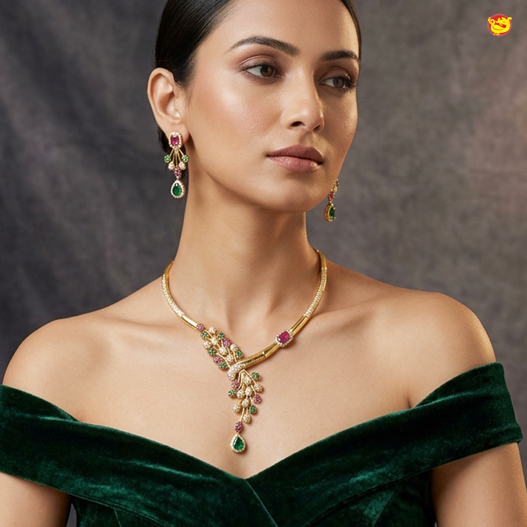 American Fashion Necklace With green & pink stone matching earrings Set