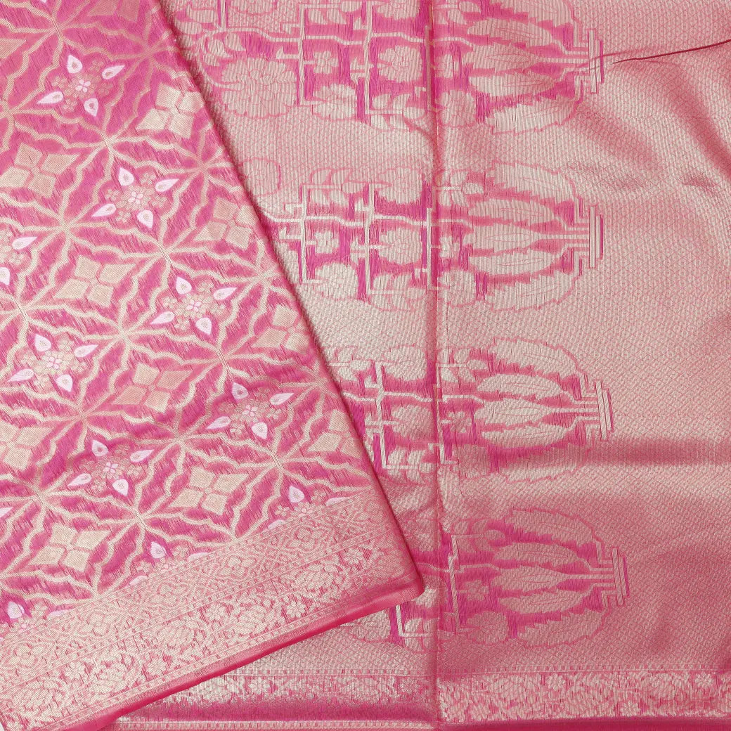 PINK WITH WHITE FLORAL COPPER JERRY LINEN JACQUARD SAREES