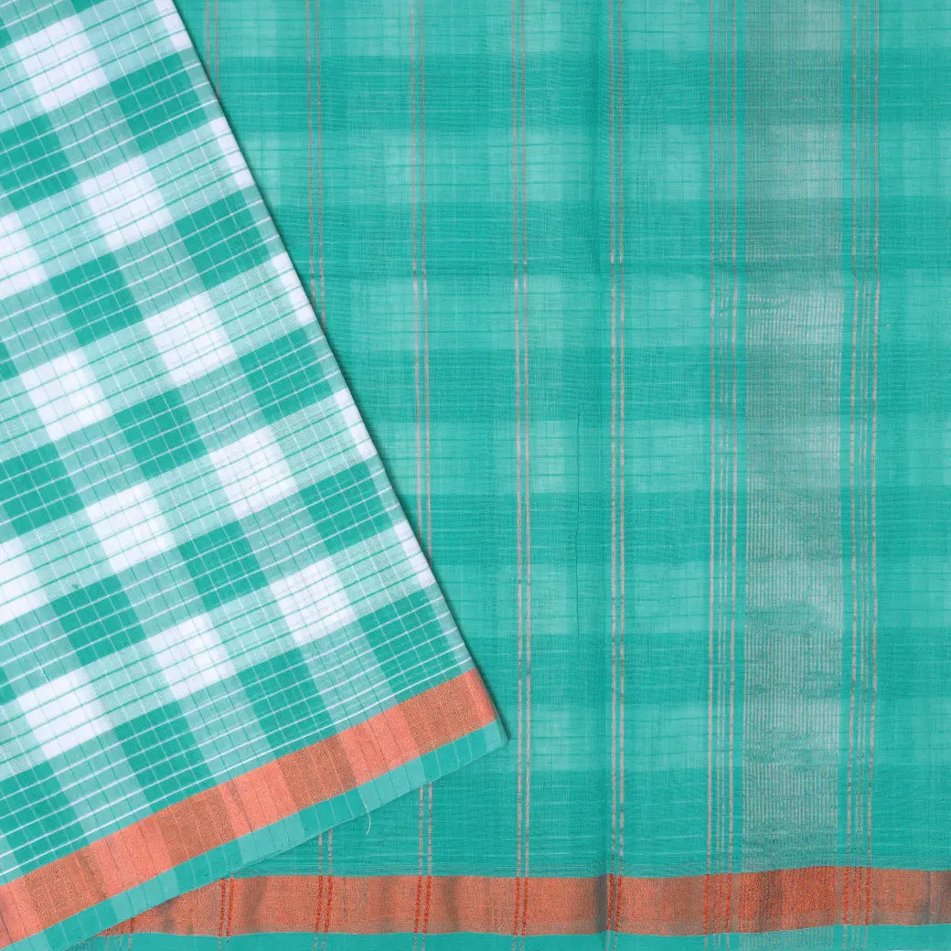 Green with white Checked Gold Zari Border Venkatagiri Pure Cotton without Blouse