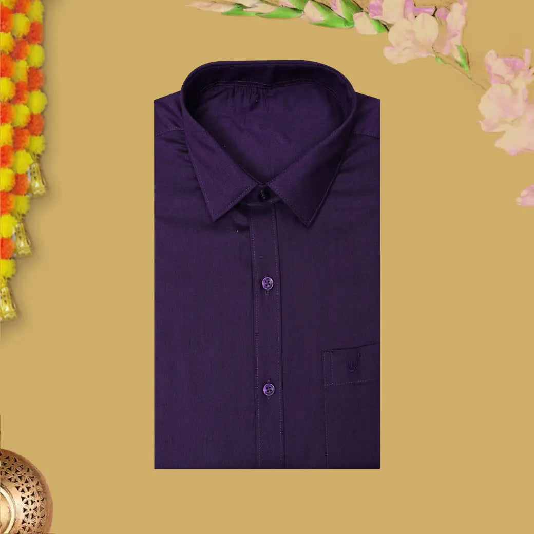 Purple With White Cotton Readymade Shirt and Double Matching Border Dhoti Set For Men