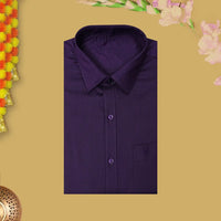 Purple With White Cotton Readymade Shirt and Double Matching Border Dhoti Set For Men