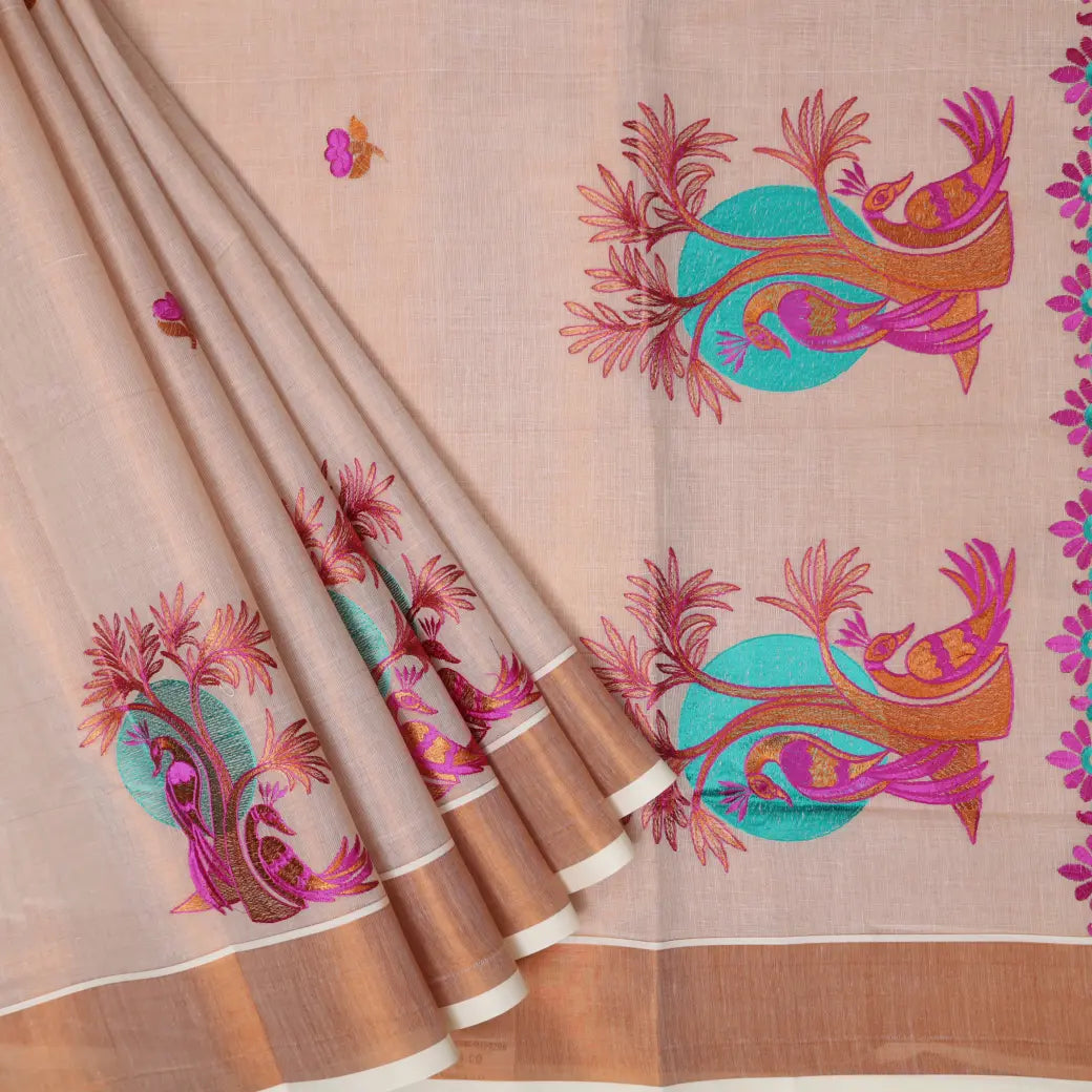 Southloom Exclusive Onam Kerala Traditional Fancy Border Floral  Cotton Saree (Matching Plain Blouse Included)