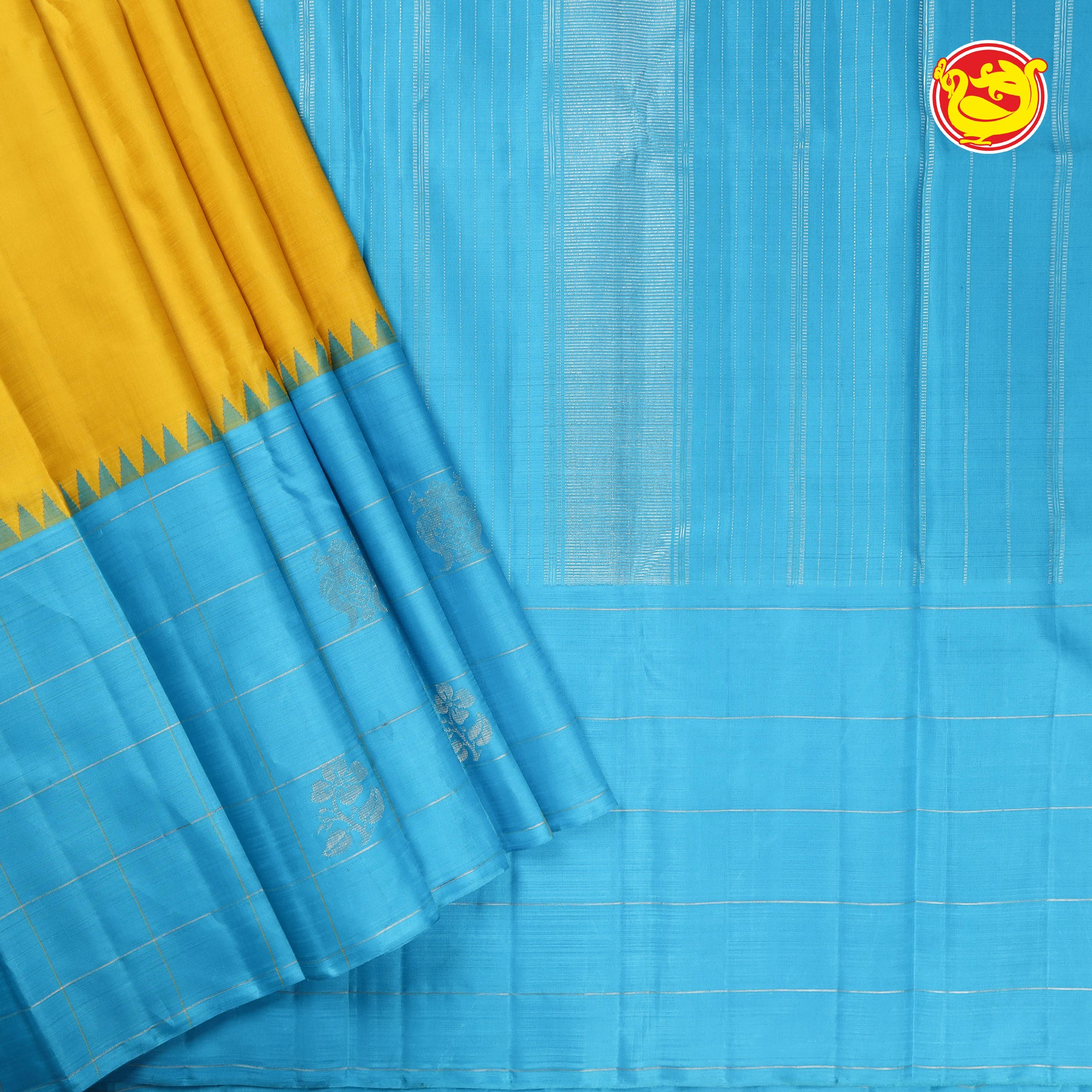 Yellow saree sky blue border Soft Silk