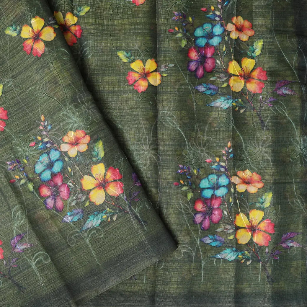 Dark Green with Floral Design Trendy Tissue Fancy Saree