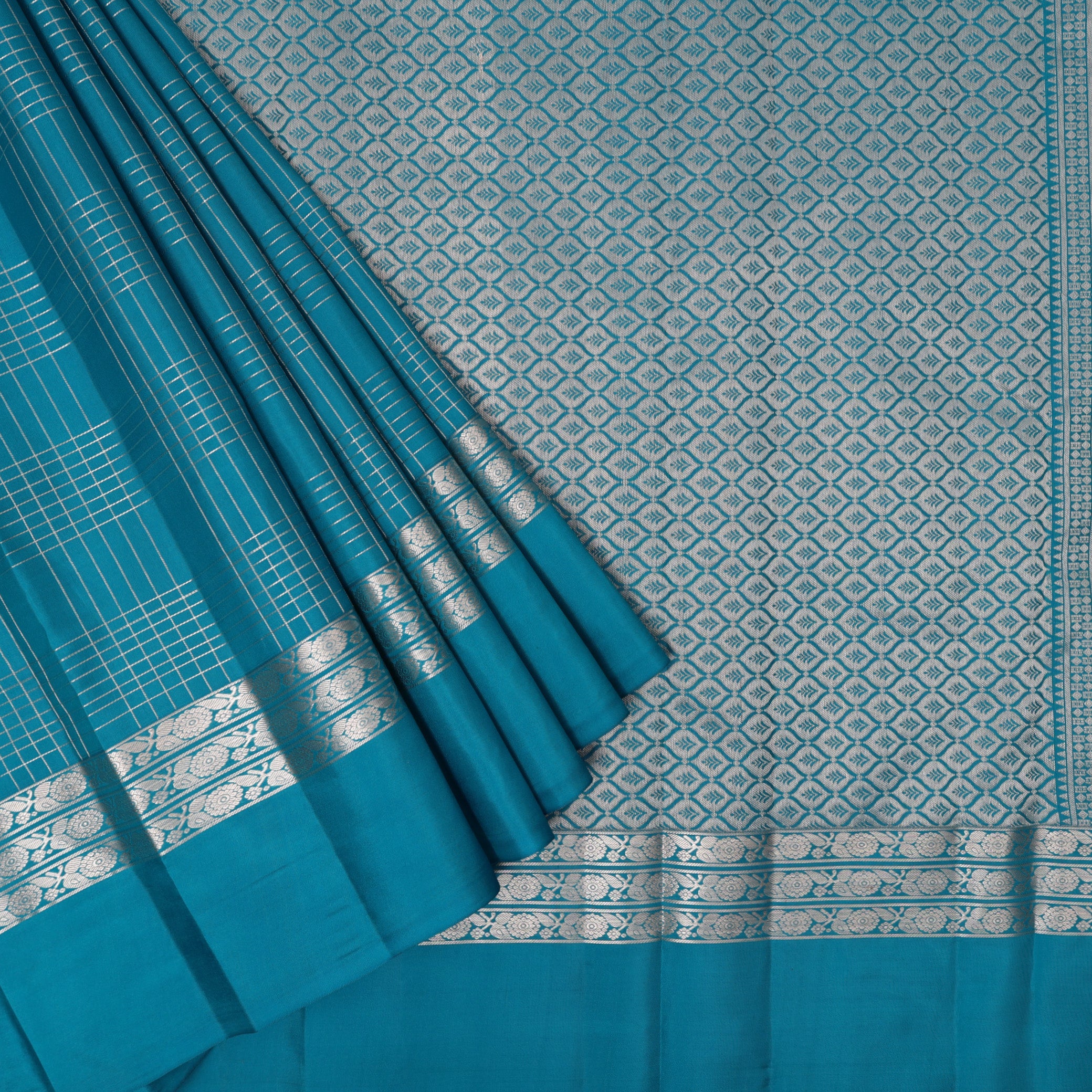 Turquoise Blue Gold Zari Yuvana Semi Soft Silk Saree