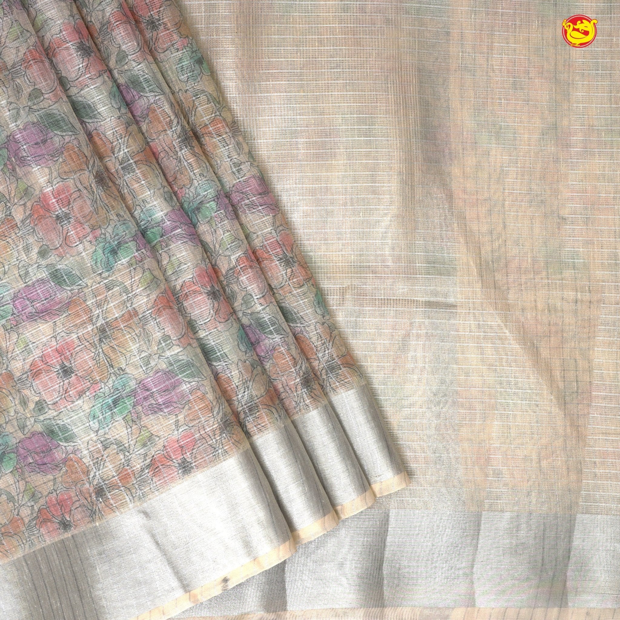 Beige With Silver Border Tissue Checks With Floral Digital Prints saree