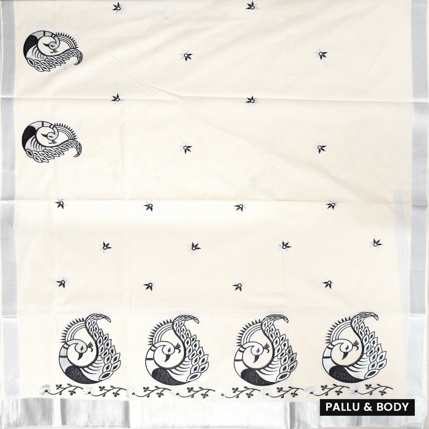 Off White With Silver Zeri Peacock Design traditional kerala onam saree