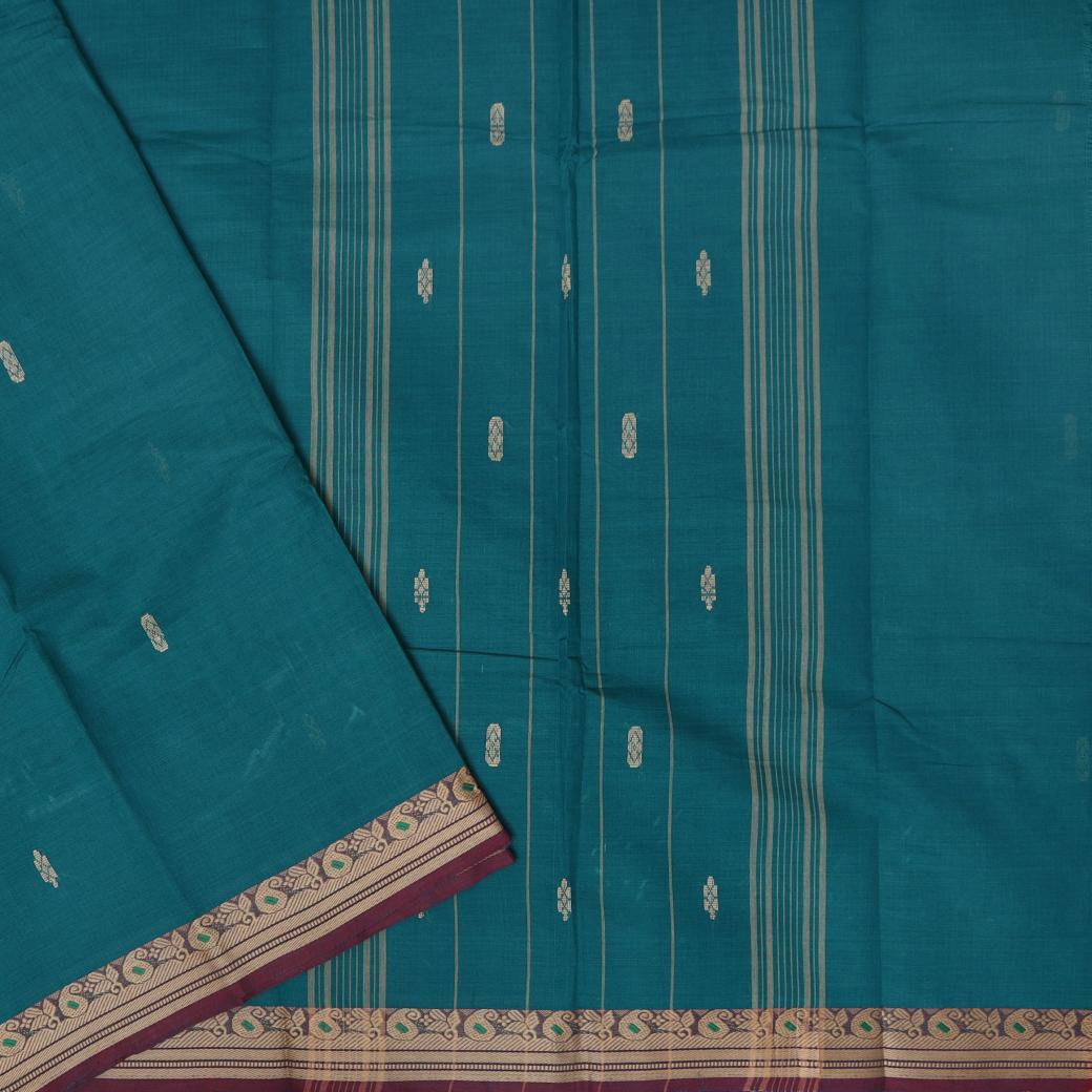 Peacock Blue Colour Pure Cotton Saree with Contrast Border