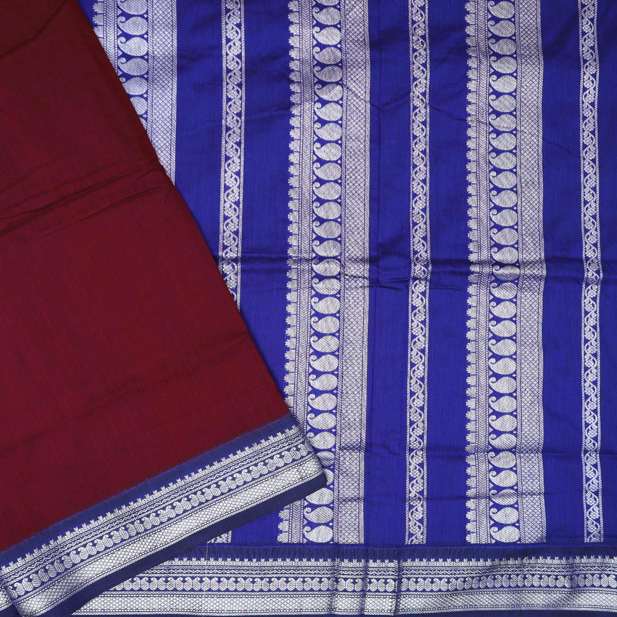 Maroon for the body and Blue Premium Quality Kalyani Cotton Saree