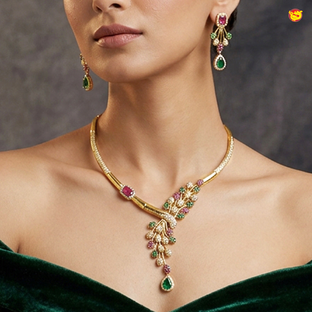 American Fashion Necklace With green & pink stone matching earrings Set