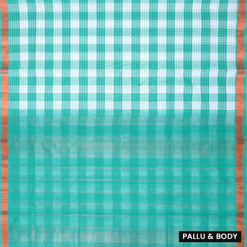 Green with white Checked Gold Zari Border Venkatagiri Pure Cotton without Blouse