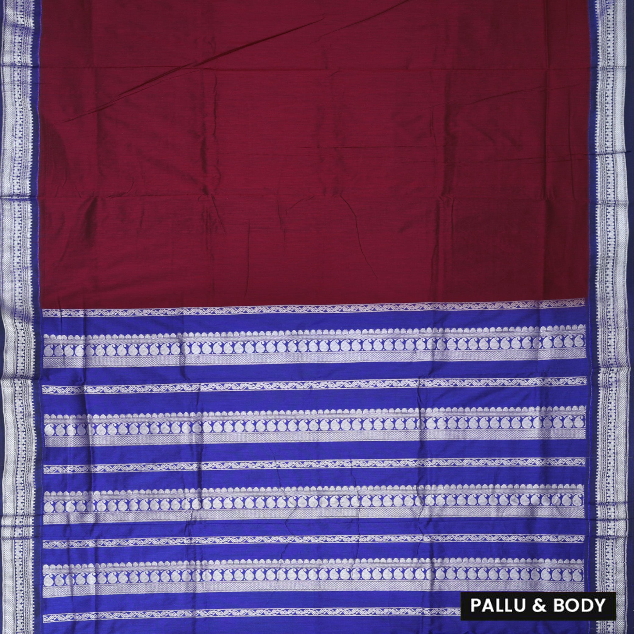 Maroon for the body and Blue Premium Quality Kalyani Cotton Saree