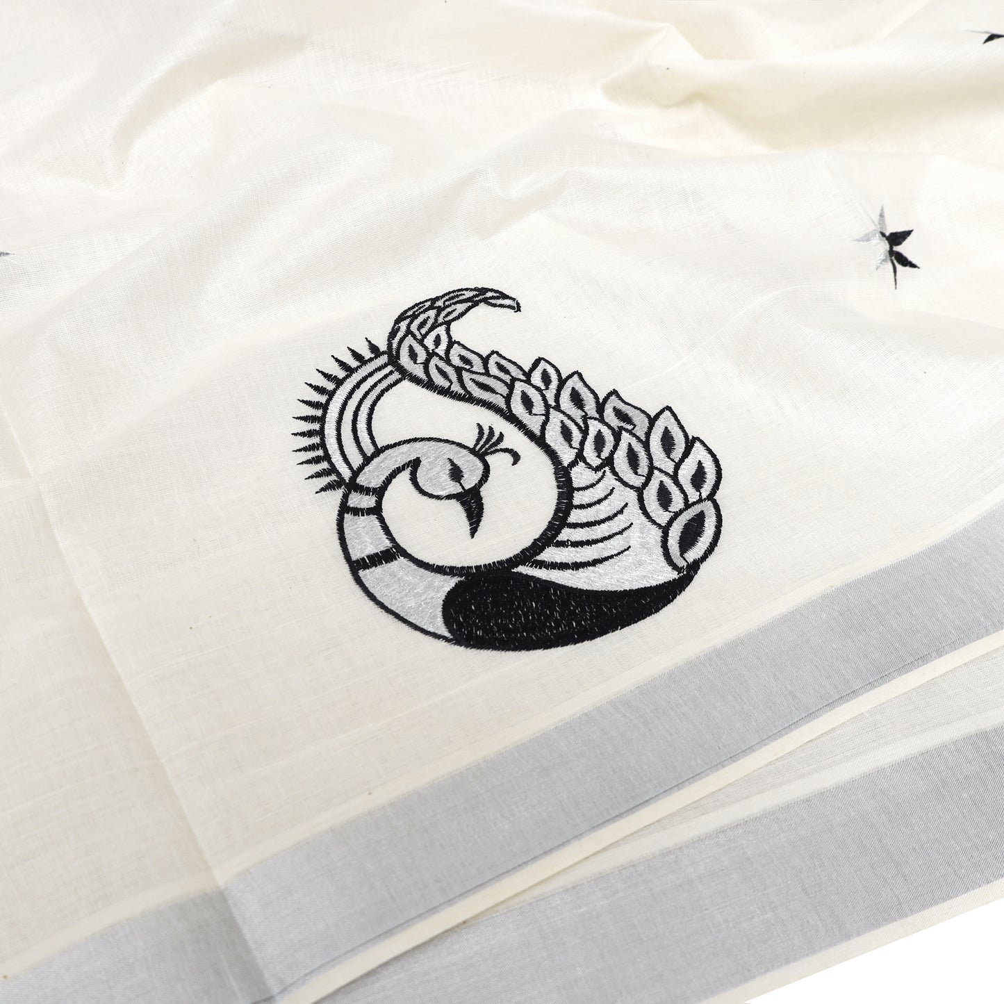 Off White With Silver Zeri Peacock Design traditional kerala onam saree